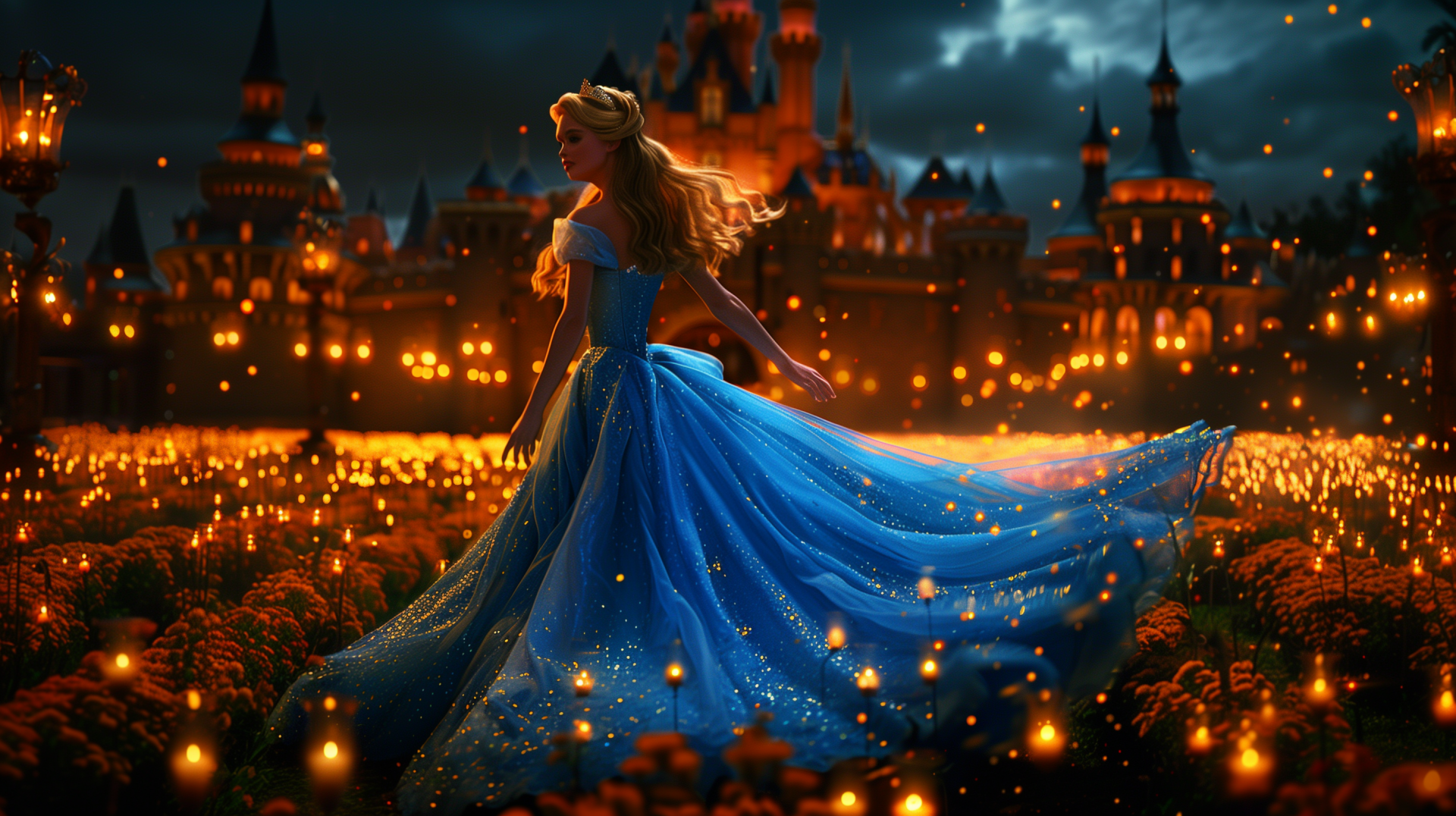 HD wallpaper of Cinderella in a sparkling blue gown with a castle background amidst a glowing field of flowers.