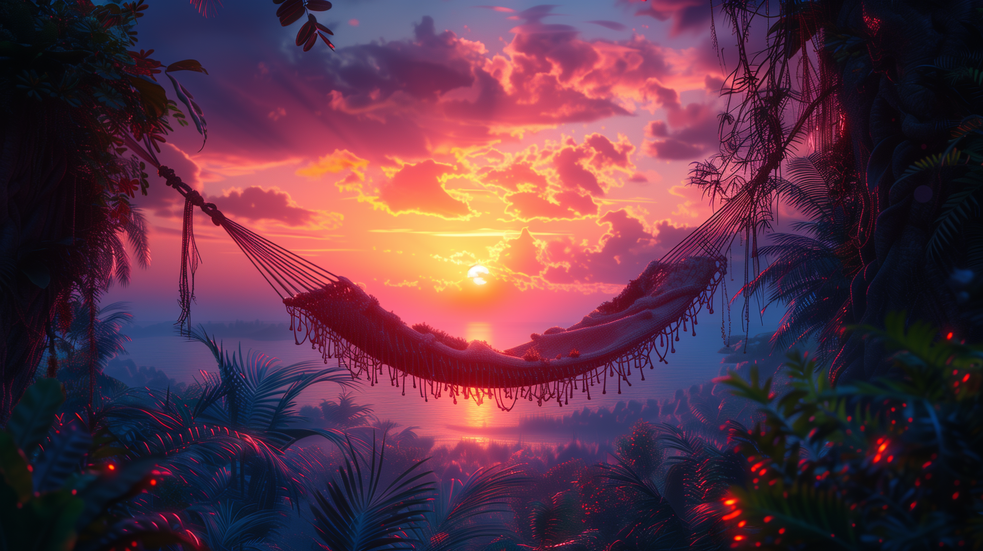 HD Wallpaper of a peaceful hammock between trees with a stunning sunset background