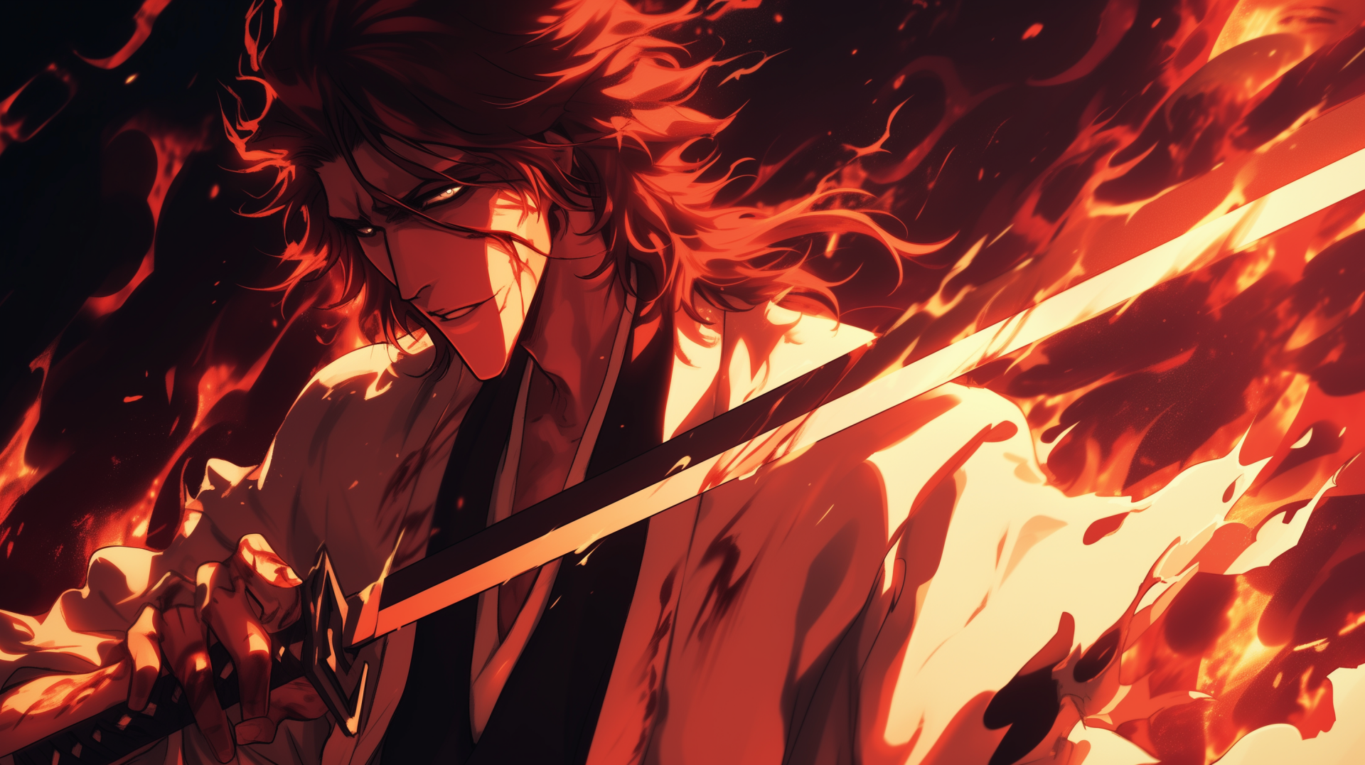 HD anime wallpaper featuring Sōsuke Aizen from Bleach with a fiery background for desktop.