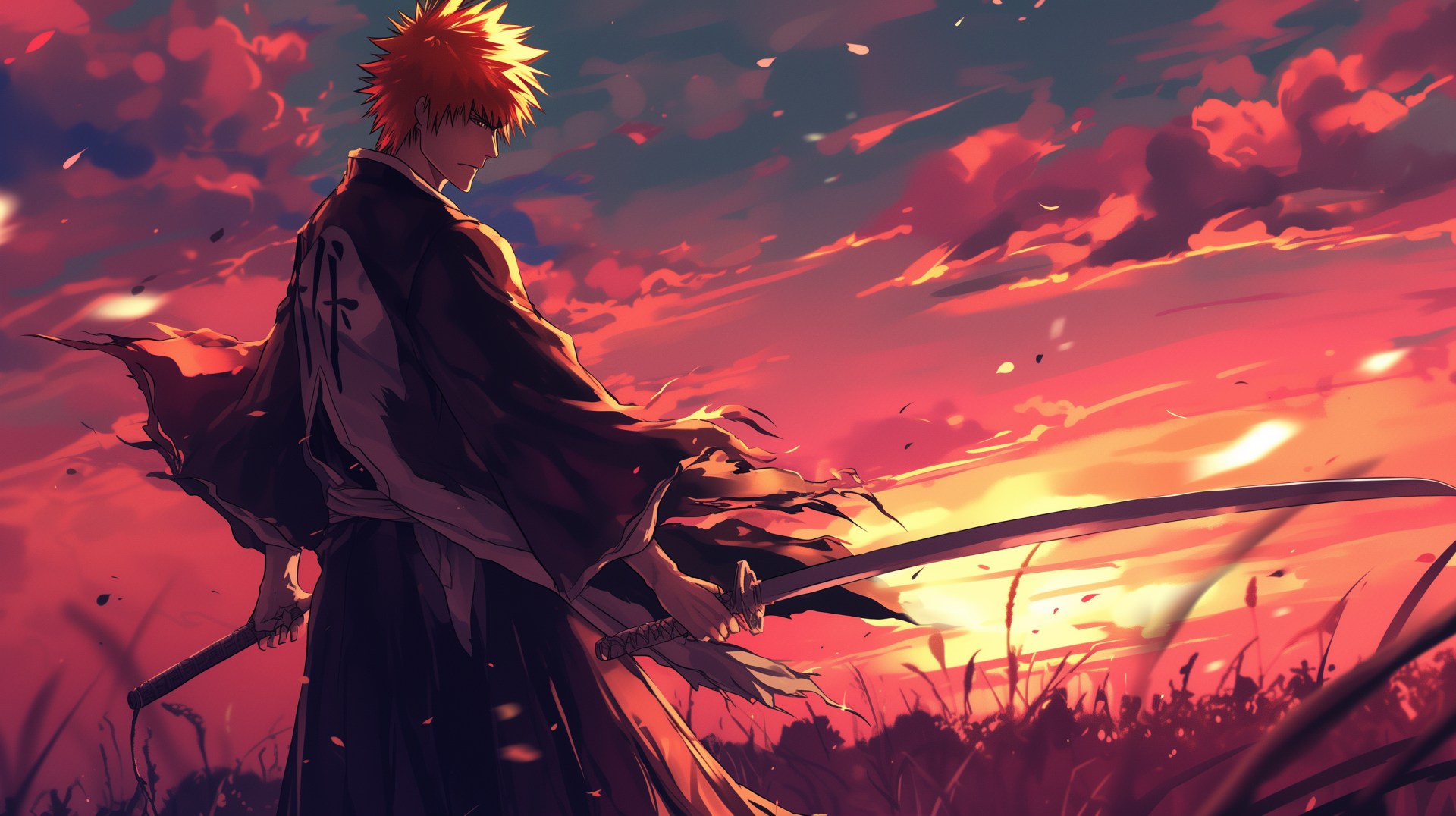 HD Anime Wallpaper featuring Ichigo Kurosaki from Bleach with a sunset background.