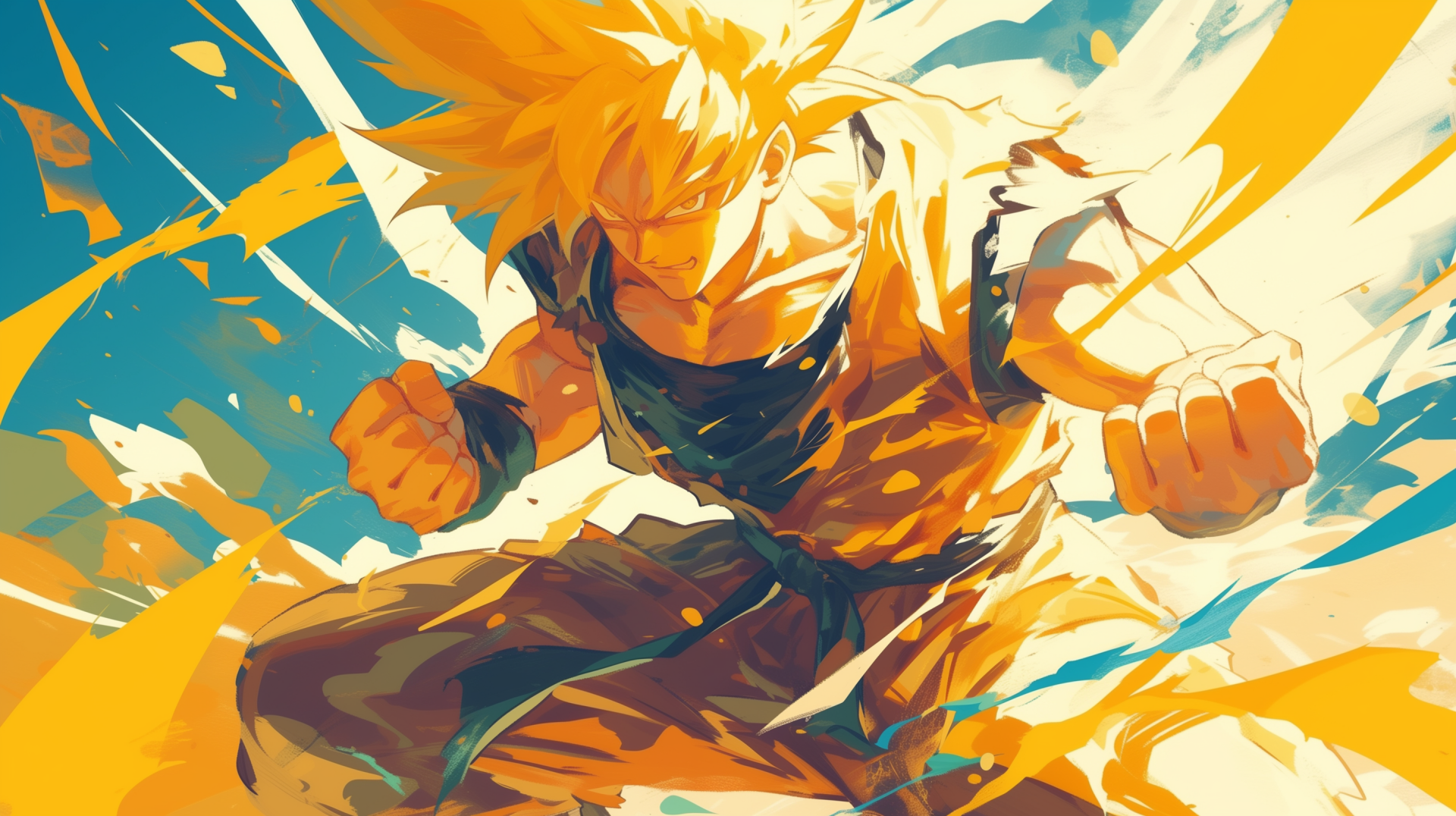 HD Anime wallpaper featuring Goku from Dragon Ball Z in a dynamic pose with vibrant yellow and blue color tones.