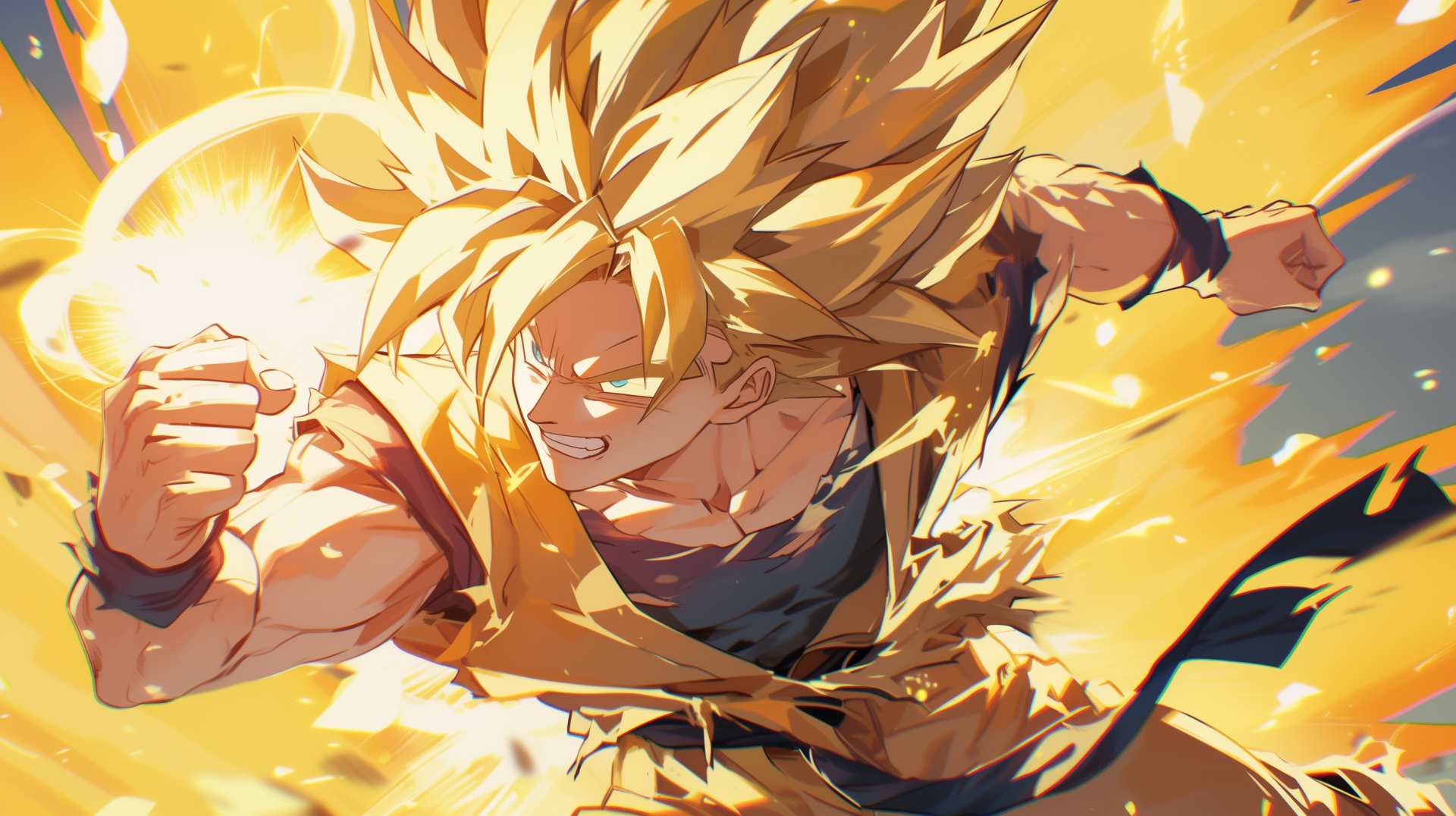 HD wallpaper of Super Saiyan Goku from Dragon Ball Z, in dynamic action pose with a fiery aura.