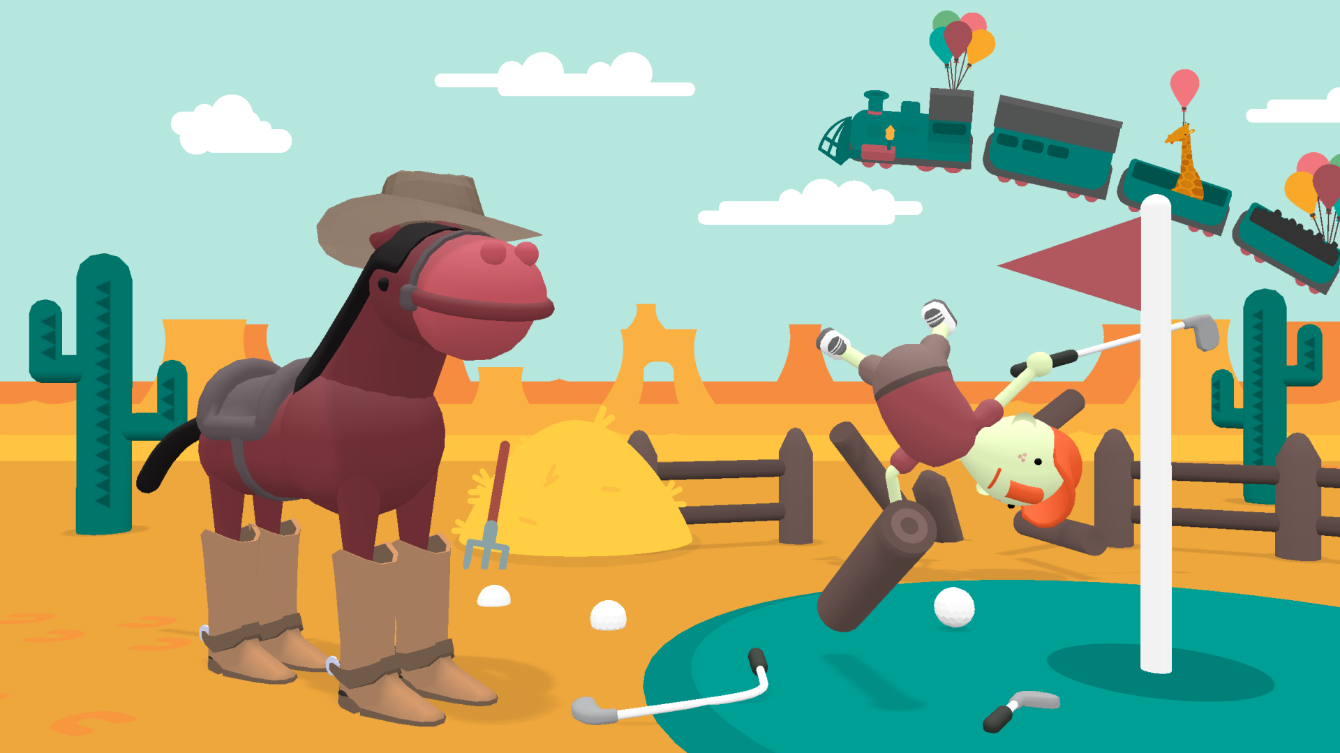 HD desktop wallpaper featuring a whimsical 'What the Golf?' video game scene with a cartoonish horse and golf elements in a playful desert setting.