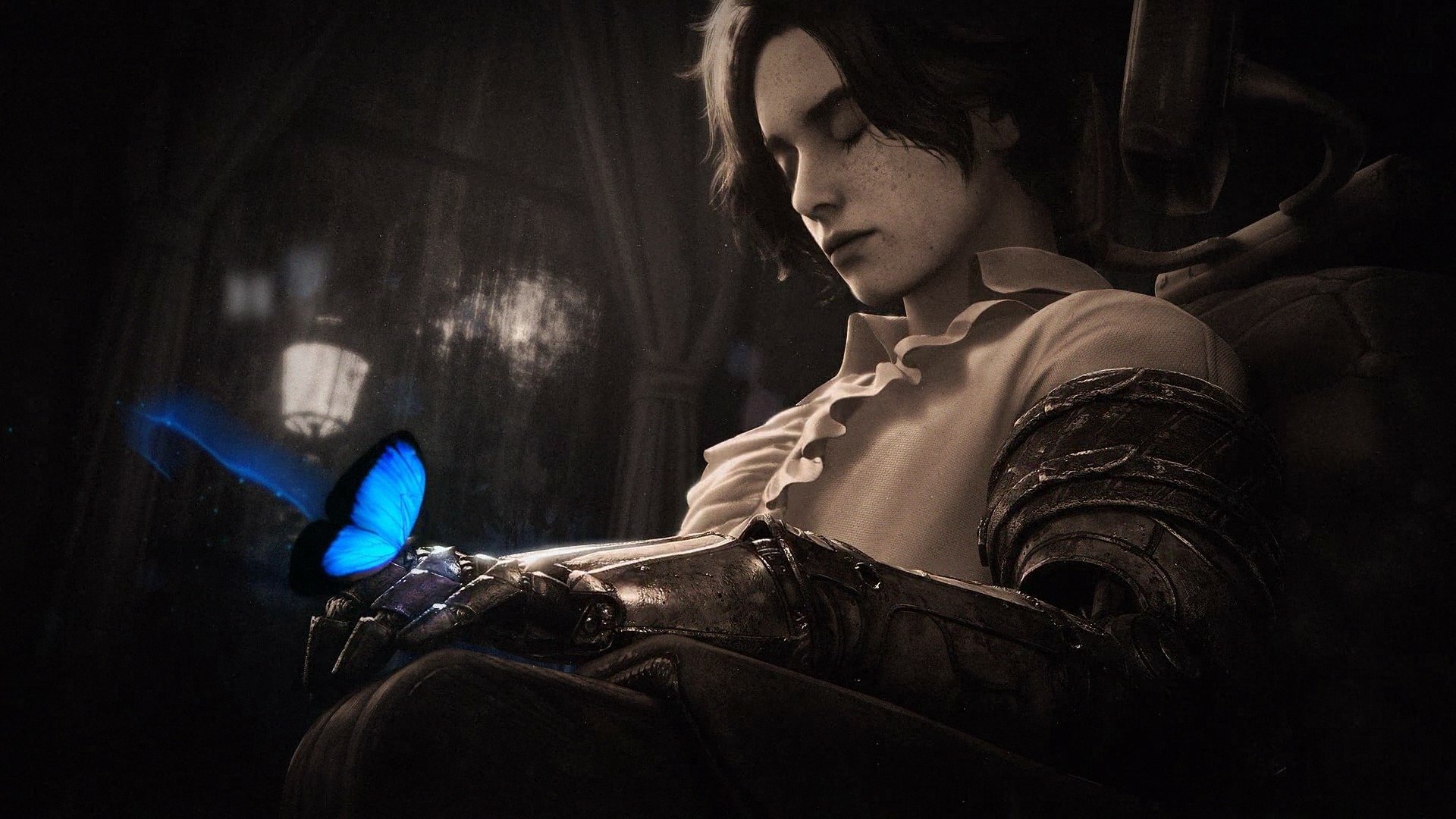 HD PC desktop wallpaper from the video game Lies Of P, featuring a character with a mechanical arm gently holding a glowing blue butterfly in a dark, atmospheric setting.