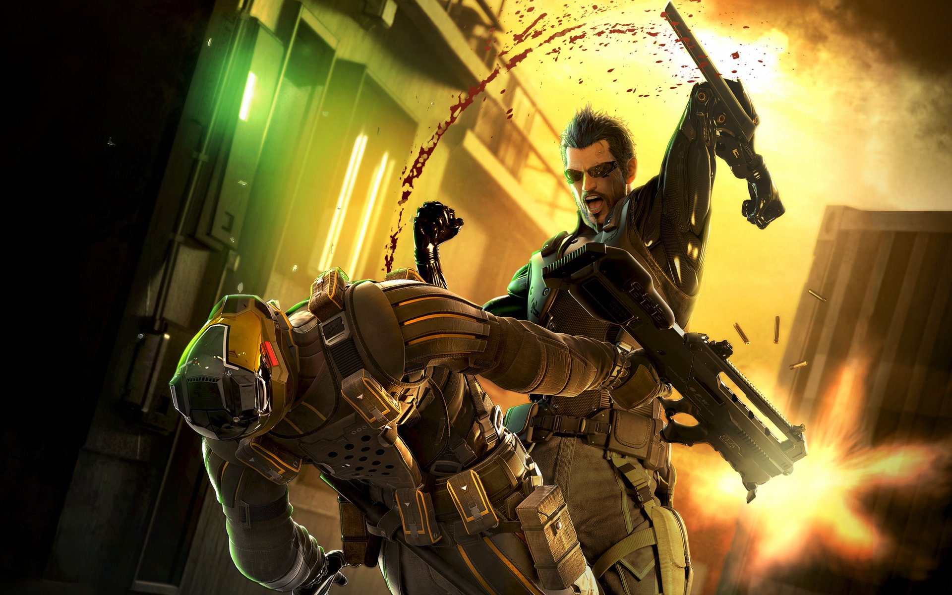 HD PC desktop wallpaper from the video game Deus Ex: Human Revolution, depicting an intense combat scene between two futuristic armored characters.