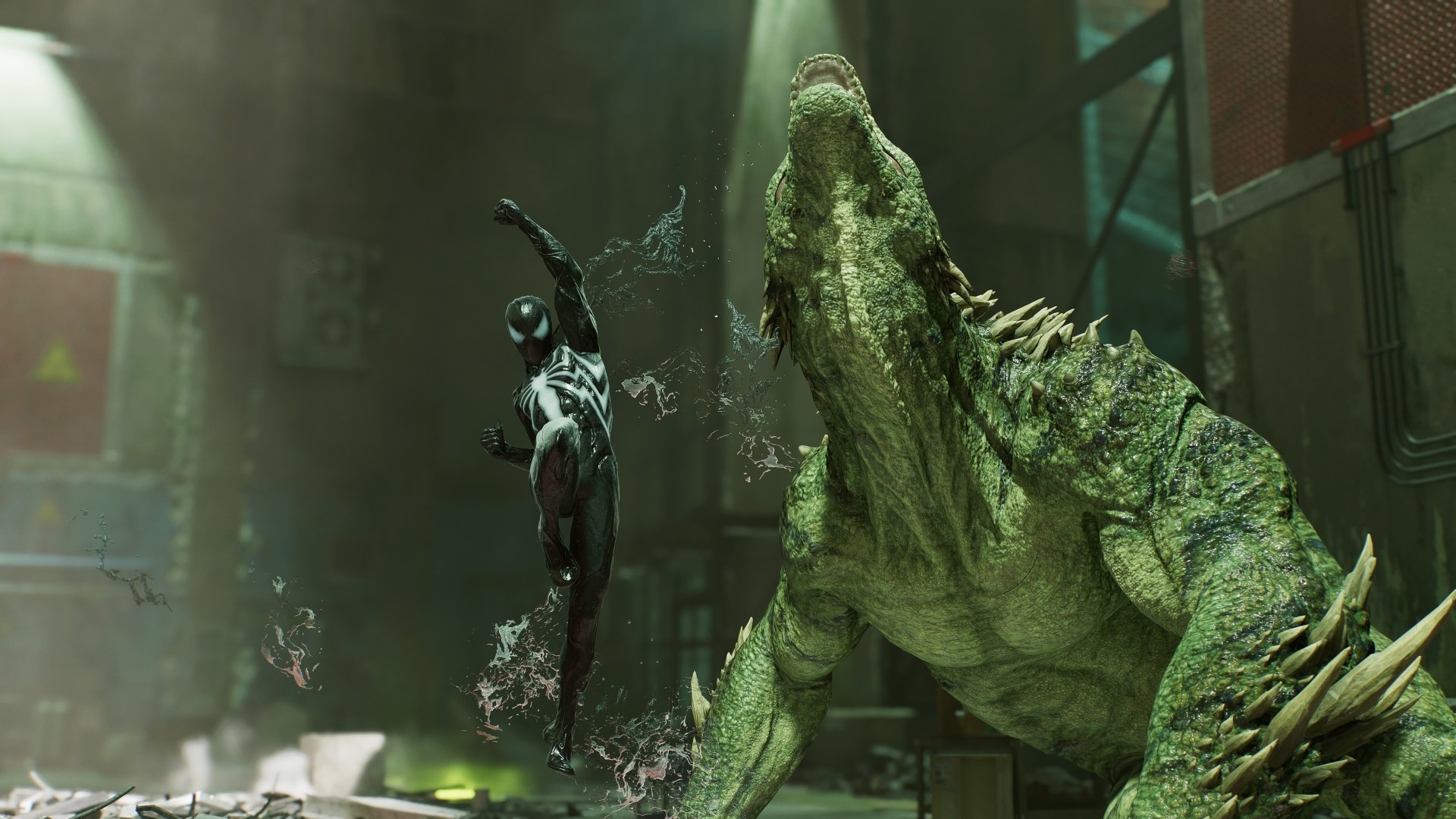 4K Ultra HD PC wallpaper featuring a dynamic scene from Marvel's Spider-Man 2 video game with Spider-Man facing off against a large, menacing alligator in a ruined urban setting.
