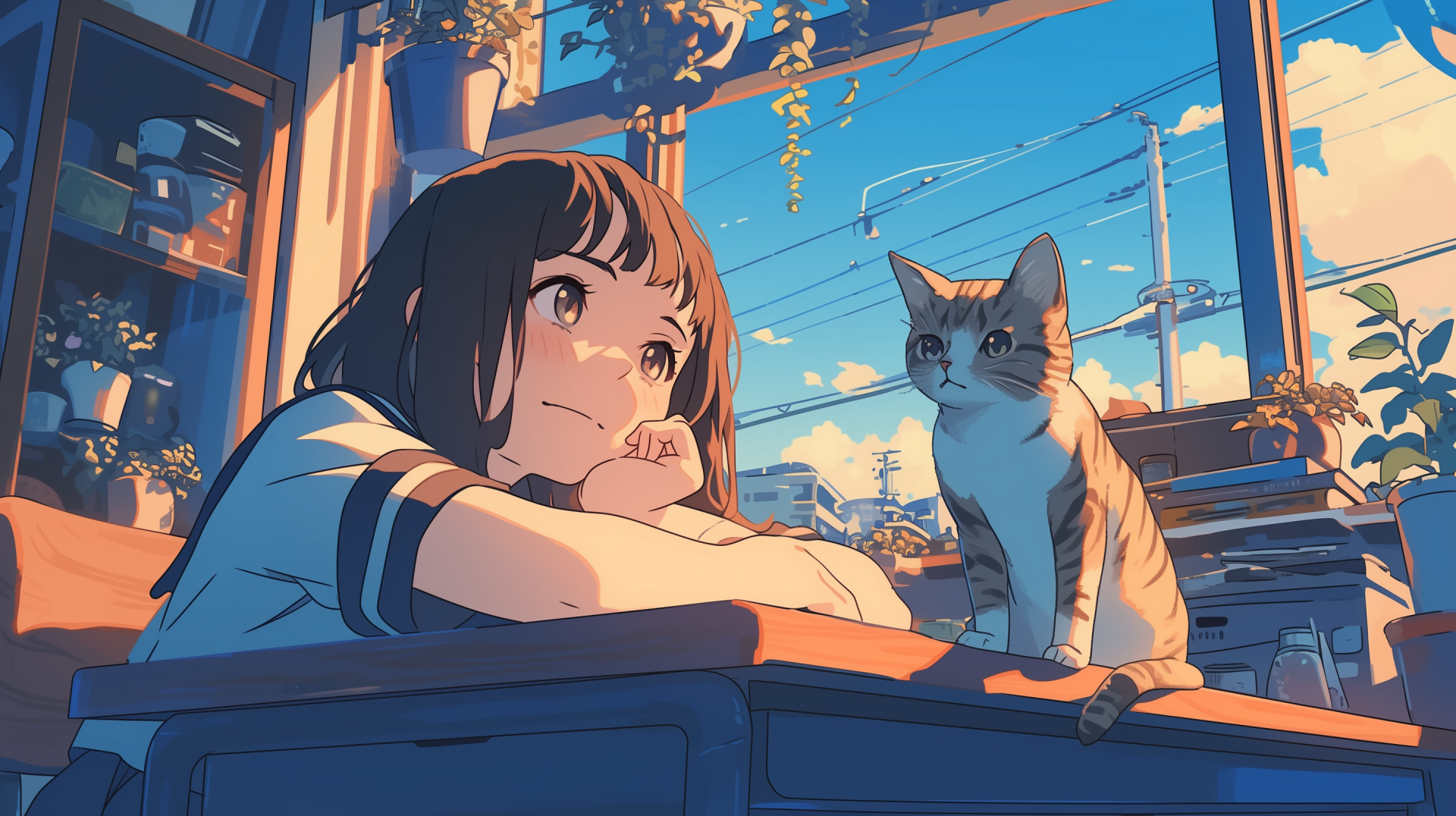 Anime Girl and Cat - Sunset Cityscape HD Wallpaper by CelestialCanvas