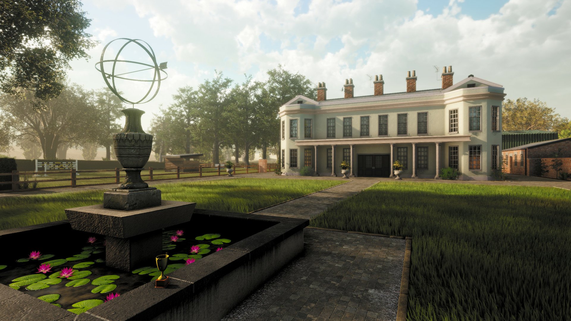 HD desktop wallpaper from Lawn Mowing Simulator video game featuring an elegant estate with an overgrown lawn ready for mowing.