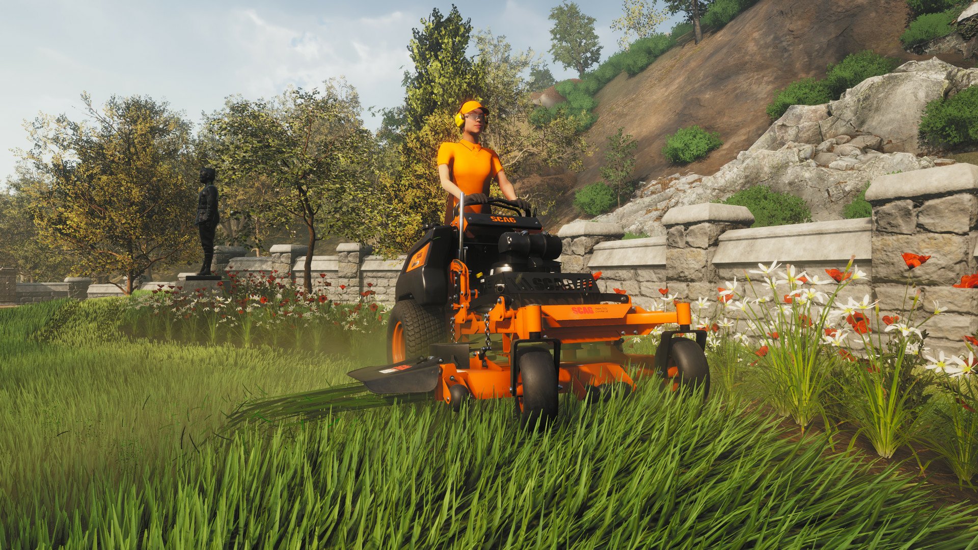 HD wallpaper of Lawn Mowing Simulator game featuring a character mowing lush green grass with a riding mower.