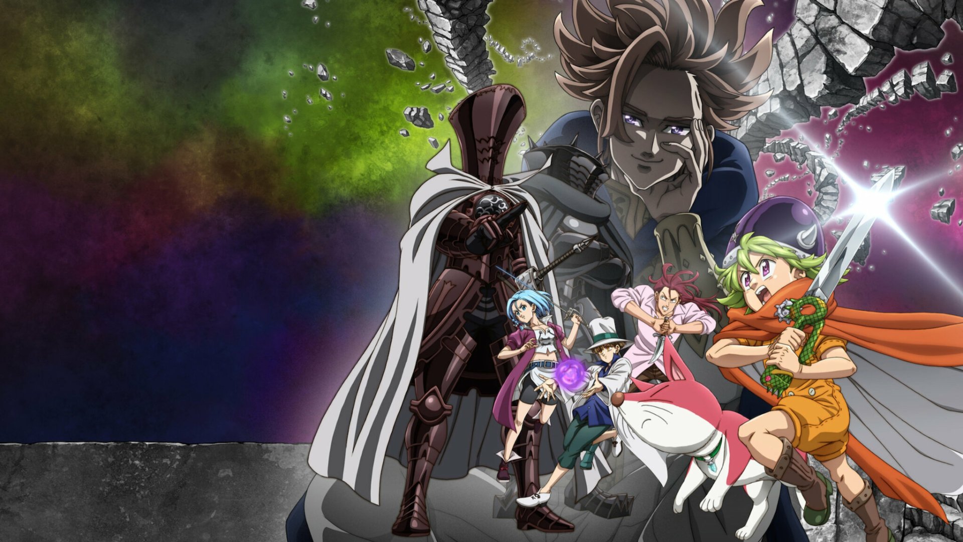 HD wallpaper featuring characters from The Seven Deadly Sins: Four Knights of the Apocalypse, showcasing vibrant colors and dynamic poses against a dramatic background.