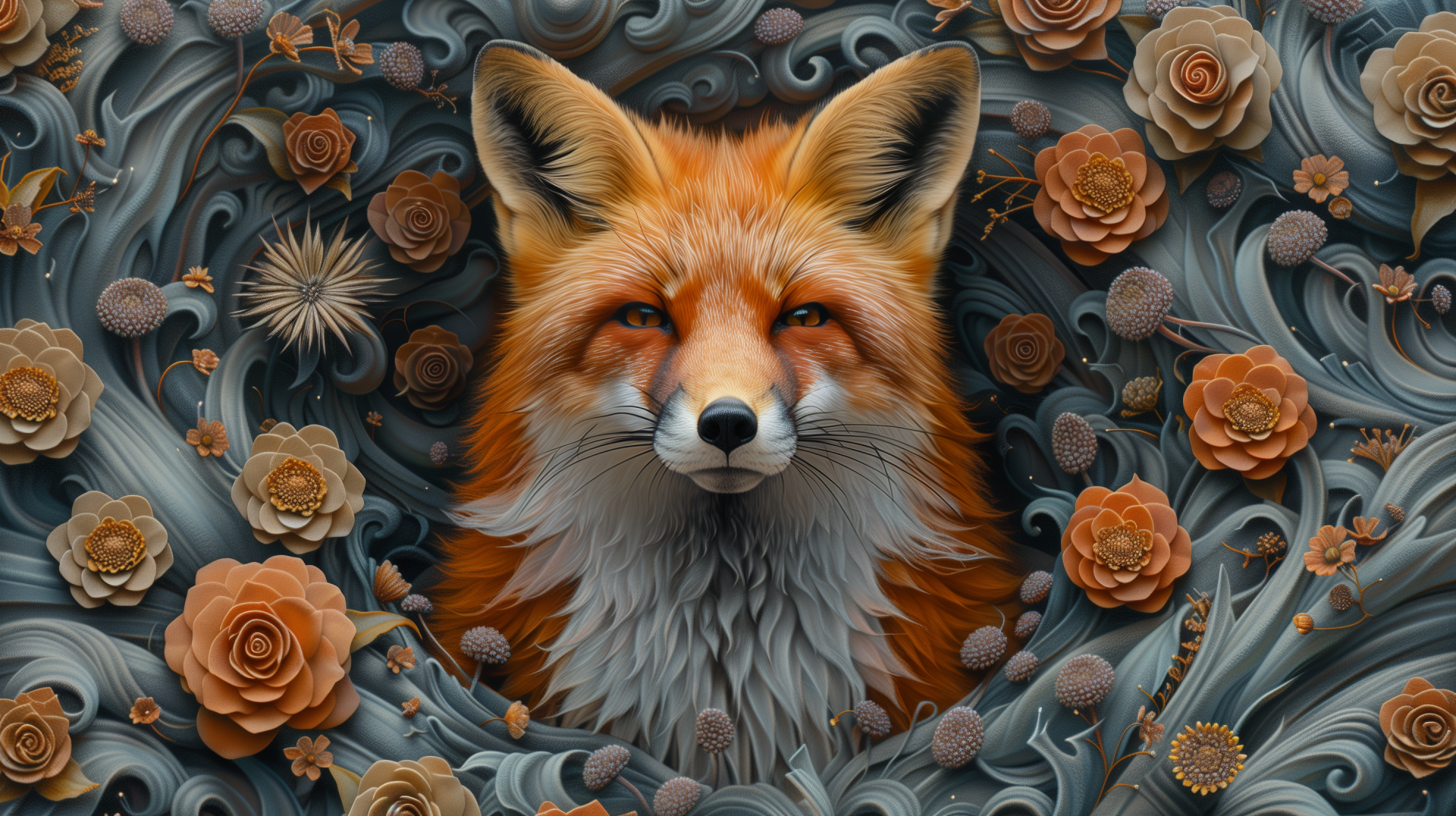 HD desktop wallpaper of a red fox with a detailed floral pattern background.