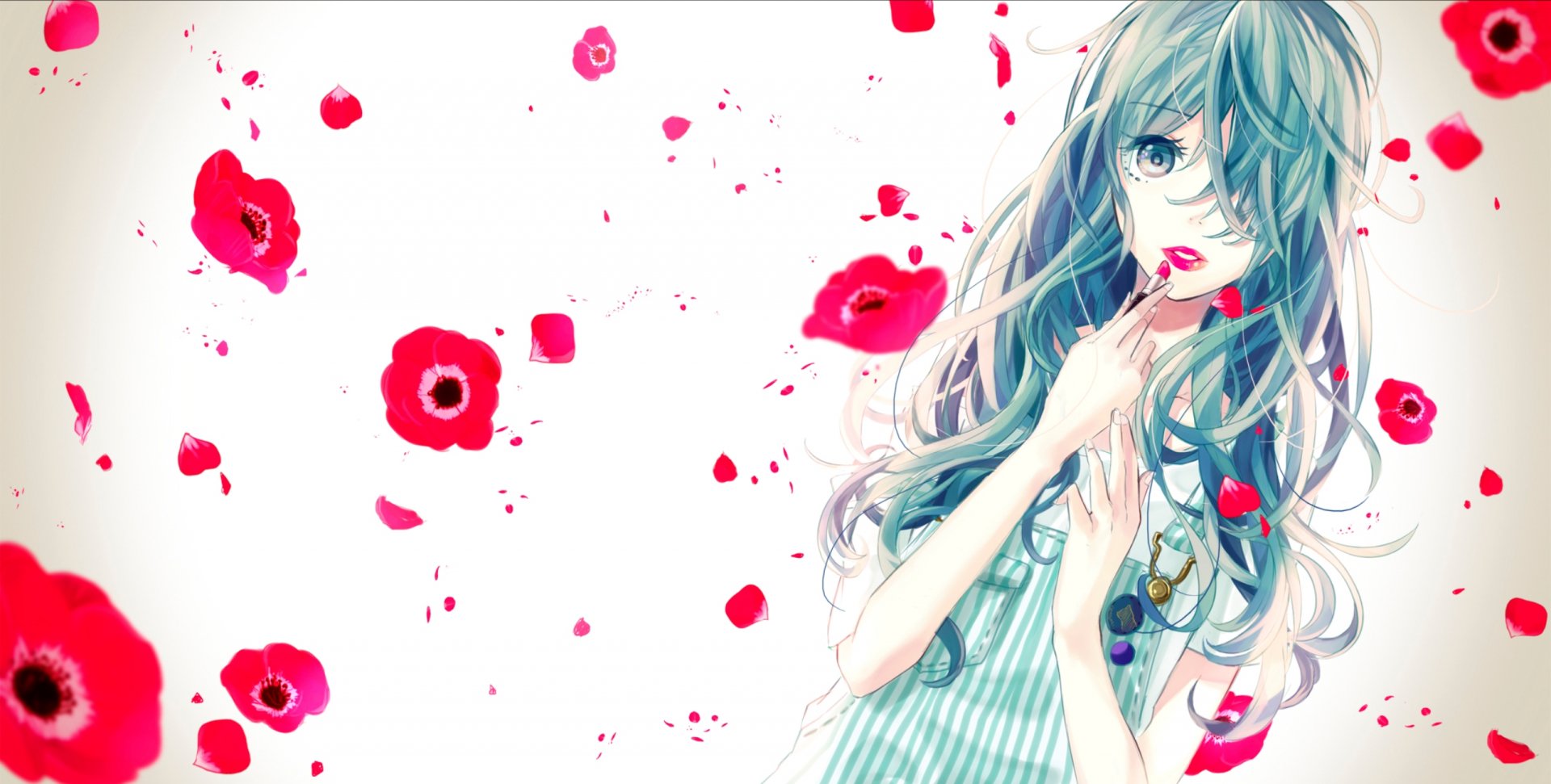 HD anime wallpaper featuring Vocaloid character Hatsune Miku surrounded by vibrant red flowers on a white background, blending soft colors and delicate details.