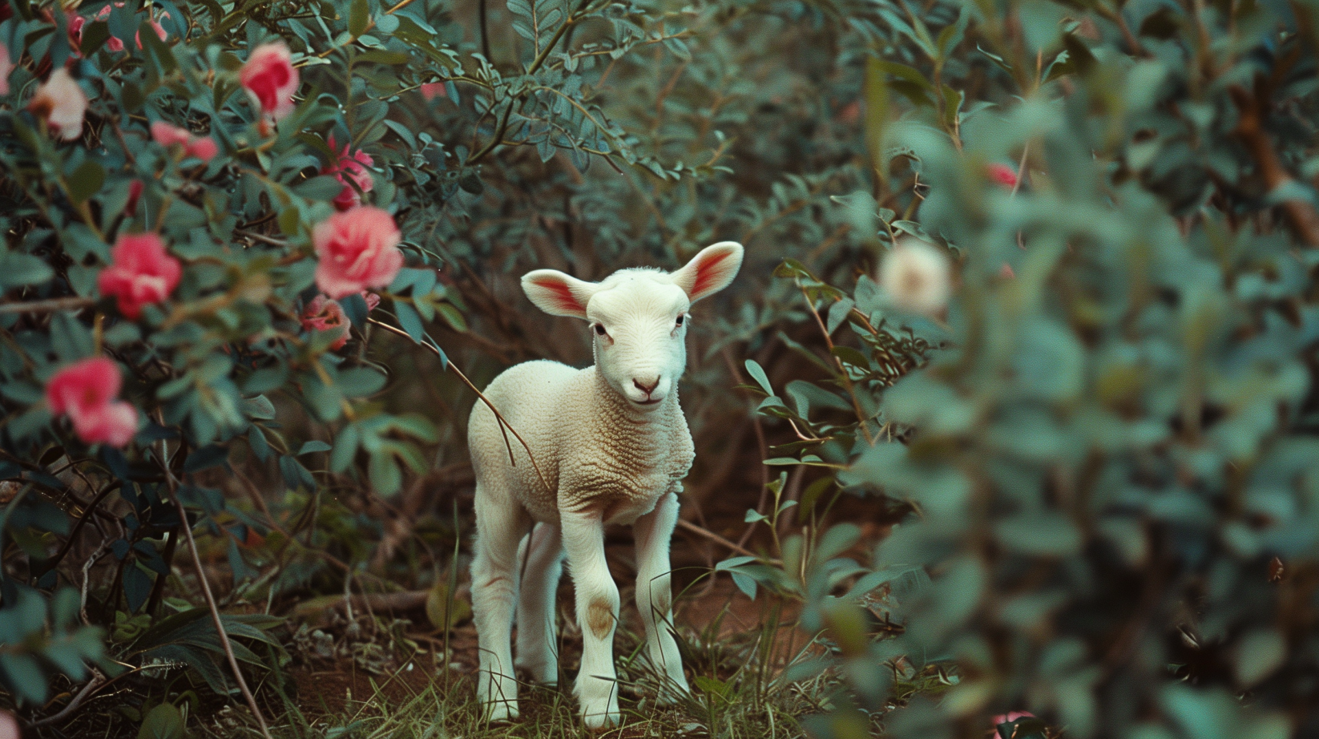 Adorable young lamb standing amidst a garden of blooming flowers, captured in high-definition for a serene desktop wallpaper background.
