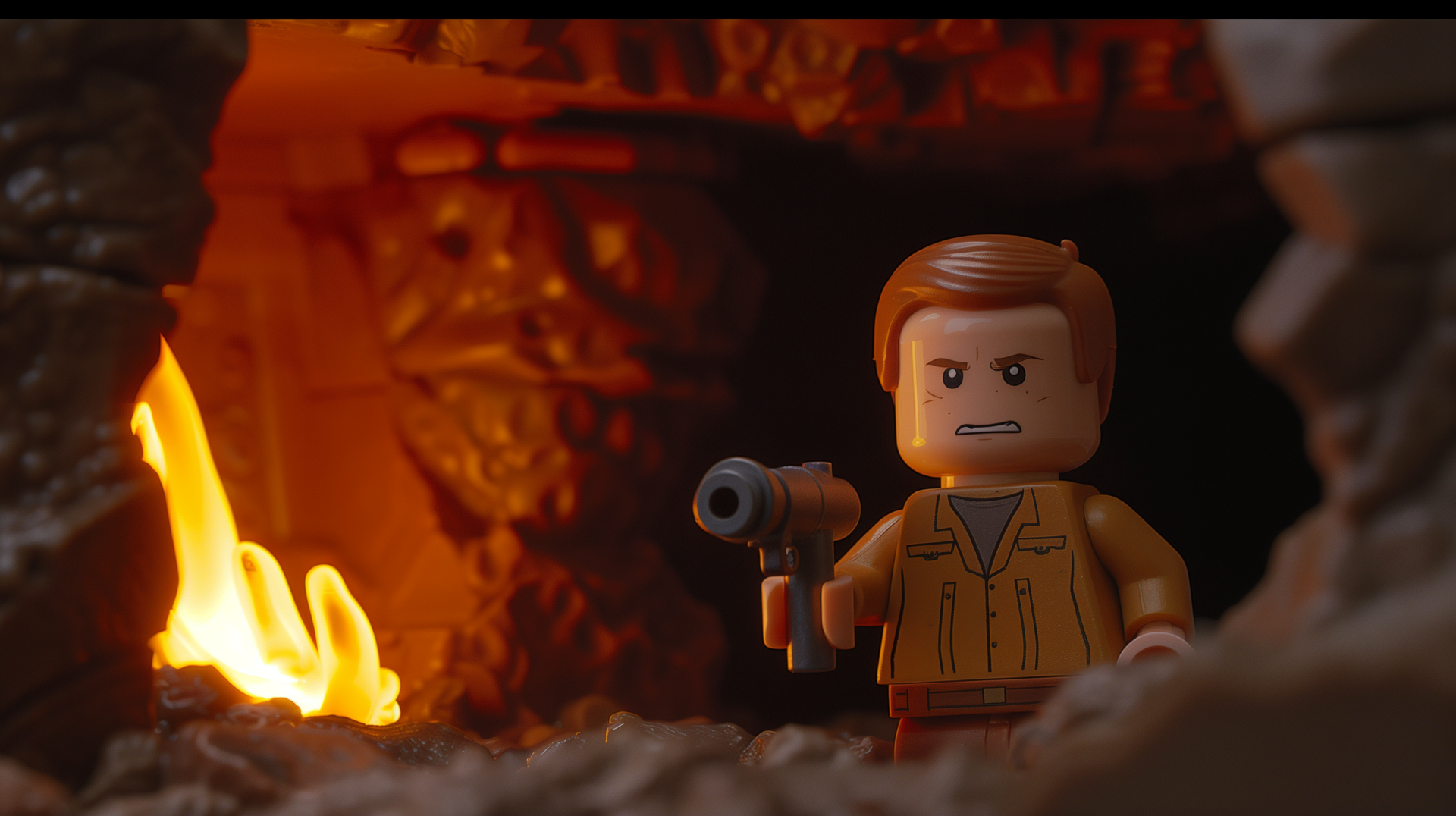 Lego character with blaster in dramatic scene HD wallpaper.