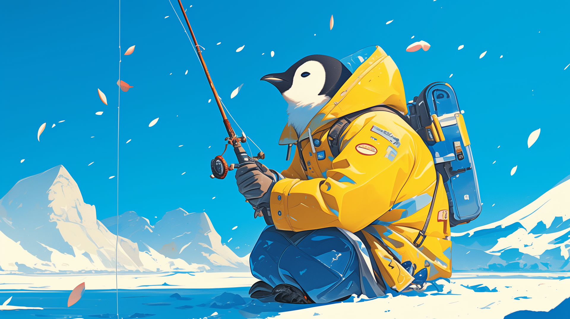 HD desktop wallpaper featuring an illustrated penguin in a yellow fishing outfit holding a fishing rod against a serene icy backdrop.