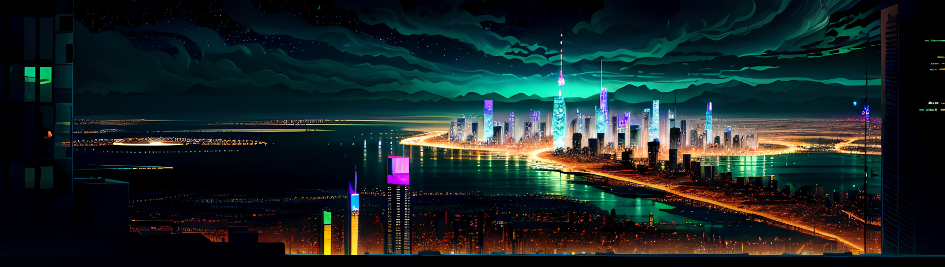 Download Cityscape Panorama Neon Night Waterfront HD Wallpaper by voidxedis