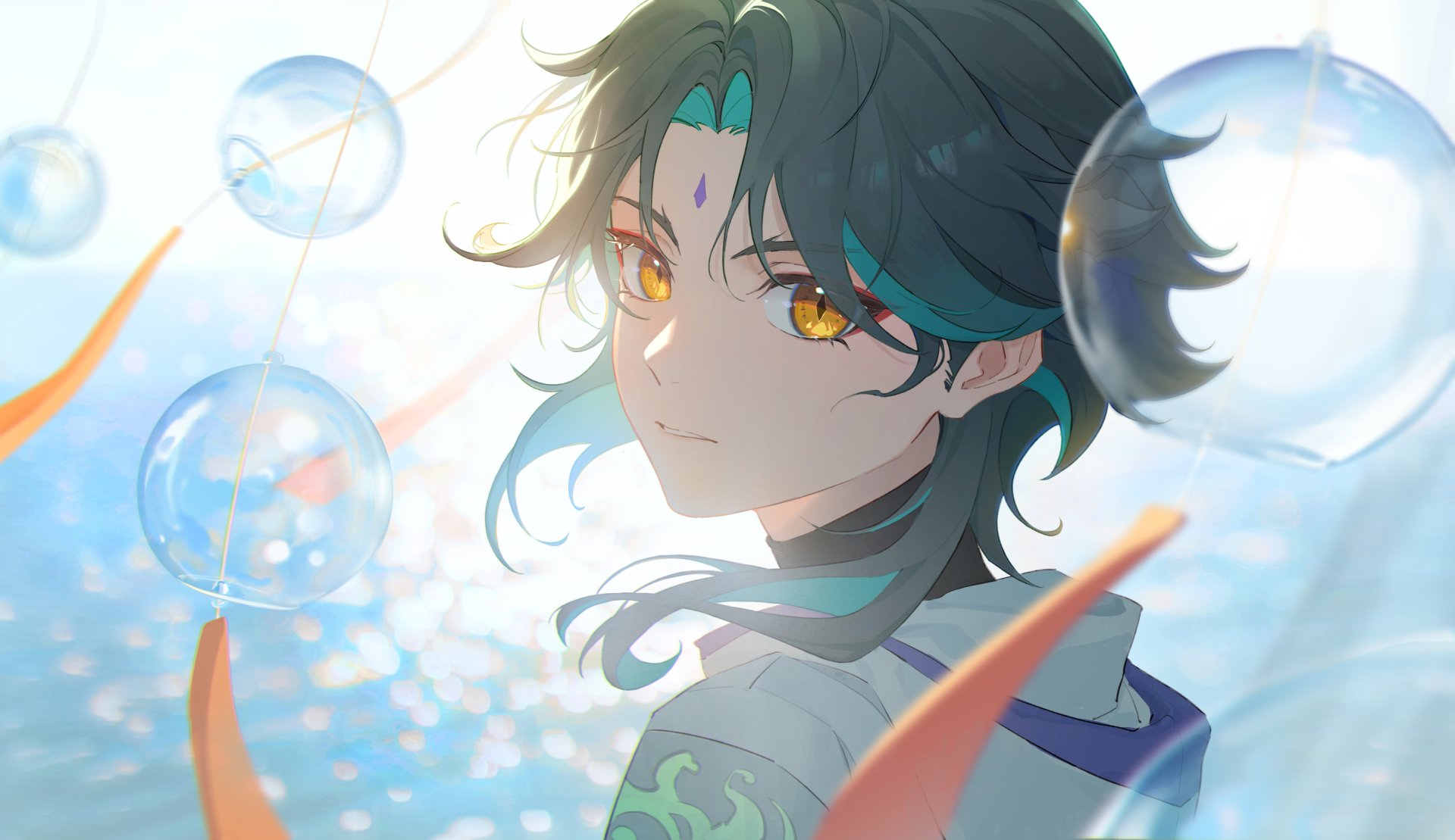 HD PC desktop wallpaper featuring Xiao from Genshin Impact with glowing amber eyes and teal hair strands against a bright, ethereal background with floating bubbles.