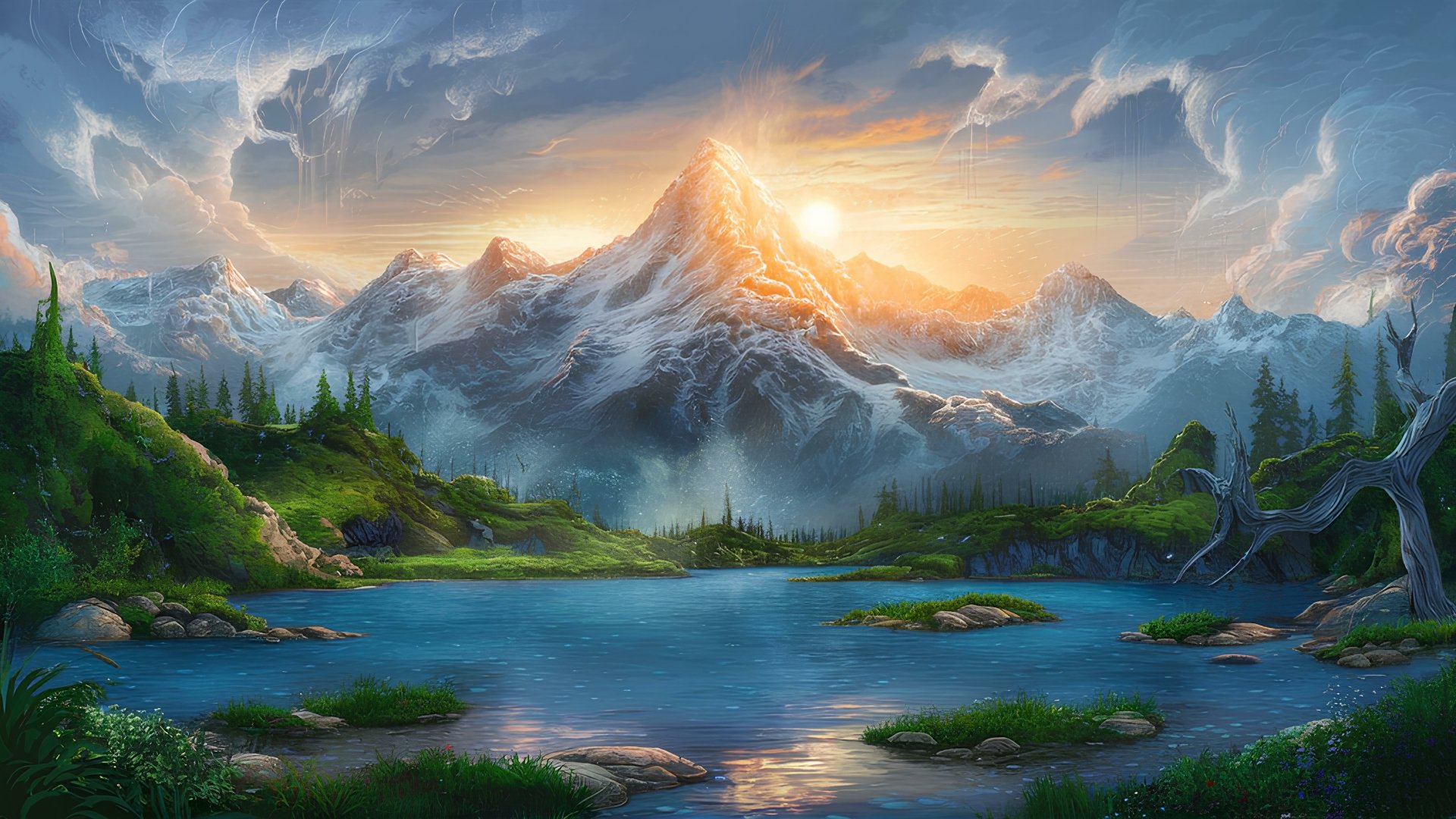 A cute digital art landscape of a mountain at sunrise, with glowing light reflecting on a tranquil lake, designed as a vibrant 4K Ultra HD PC desktop wallpaper.