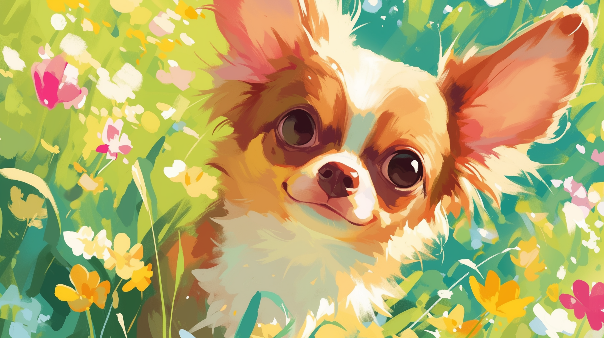 Colorful HD desktop wallpaper featuring an adorable Chihuahua amidst a vibrant floral background.