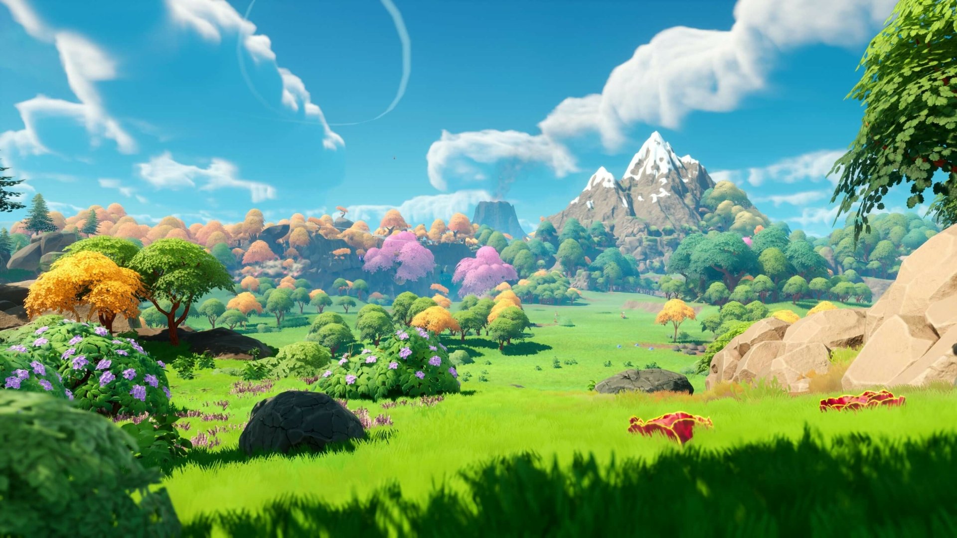 HD desktop wallpaper featuring vibrant scenery from the video game Lightyear Frontier with lush green fields and colorful trees.