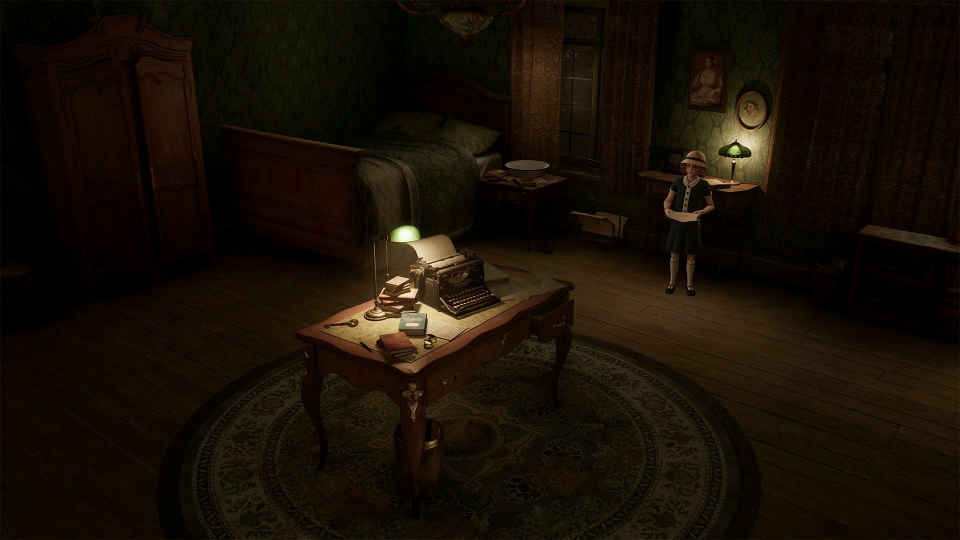 Alone in the Dark 2024 video game HD desktop wallpaper featuring a dimly lit vintage room with a character standing near a desk under a lamp.