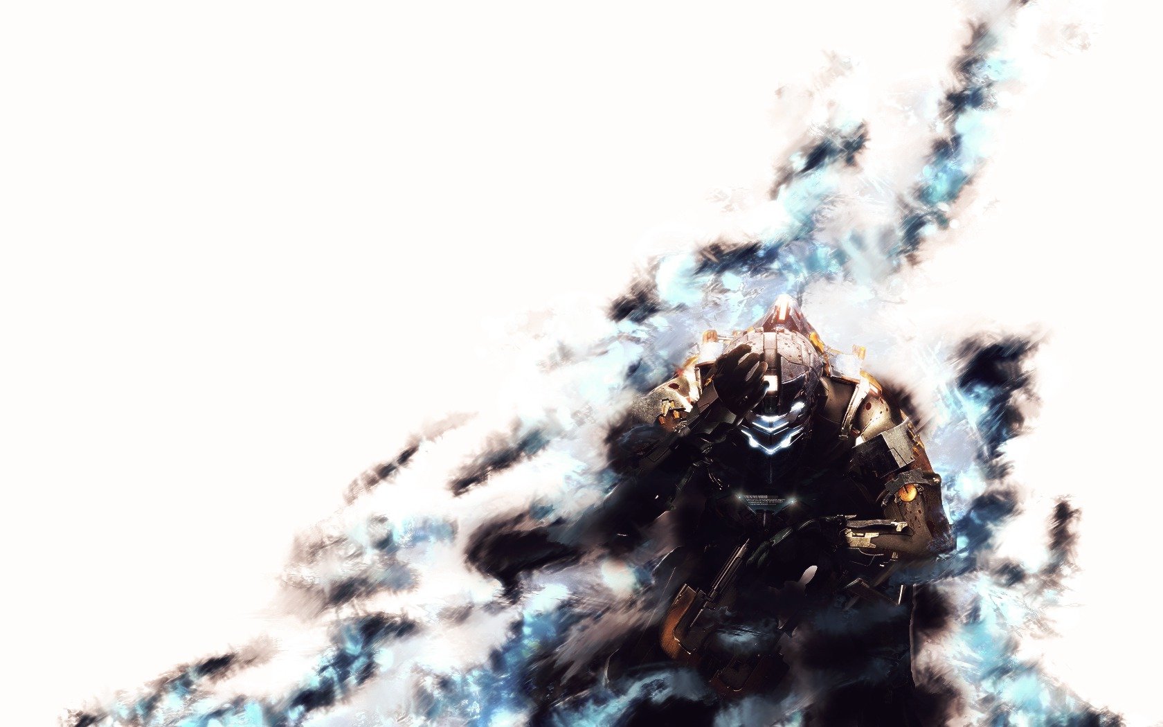 A haunting HD desktop wallpaper inspired by the video game Dead Space, featuring a lone character amidst a swirling, ethereal background of dark and light tones.