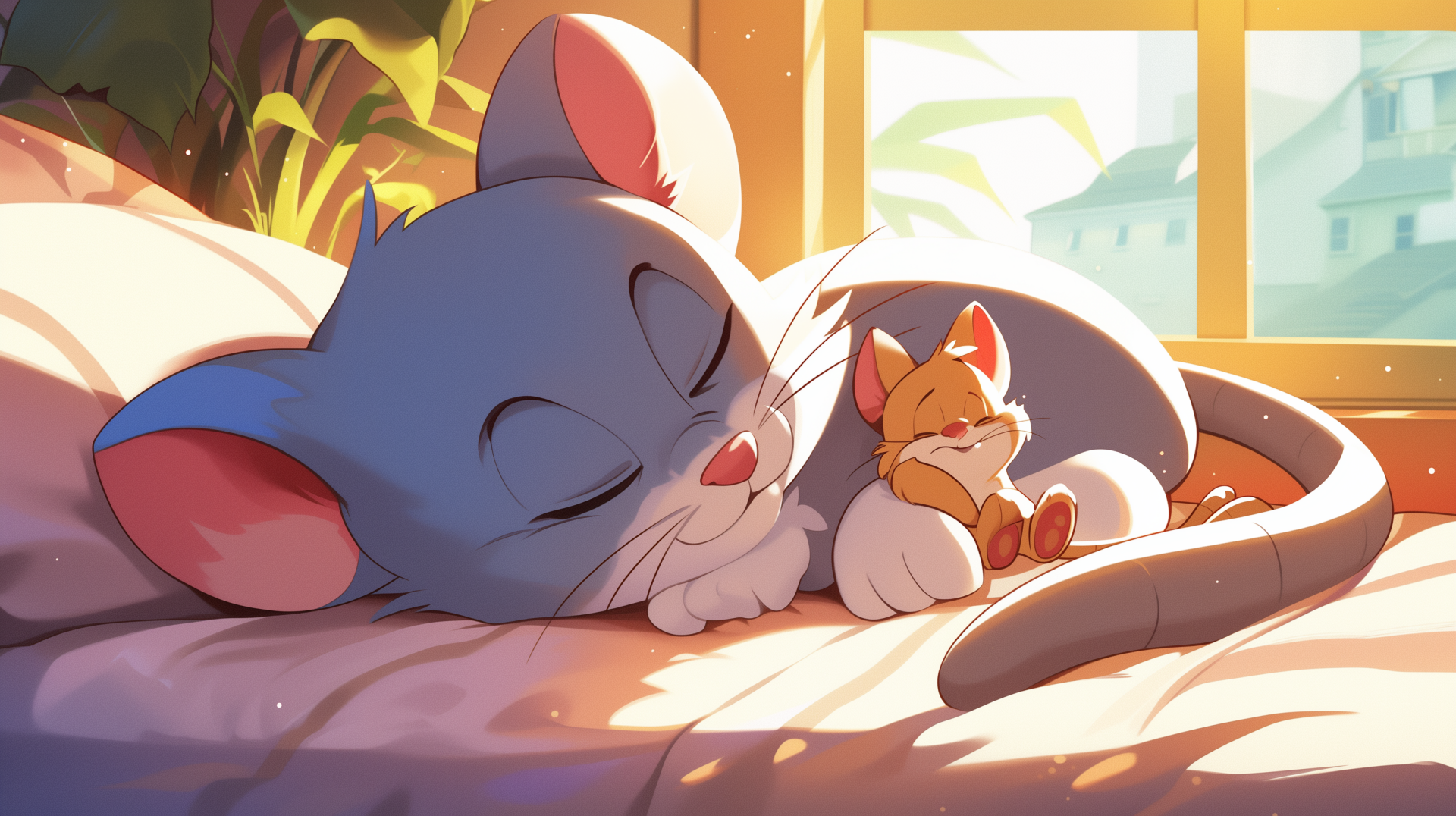 HD desktop wallpaper of Tom and Jerry lounging peacefully, capturing a serene moment between the classic animated cat and mouse duo.