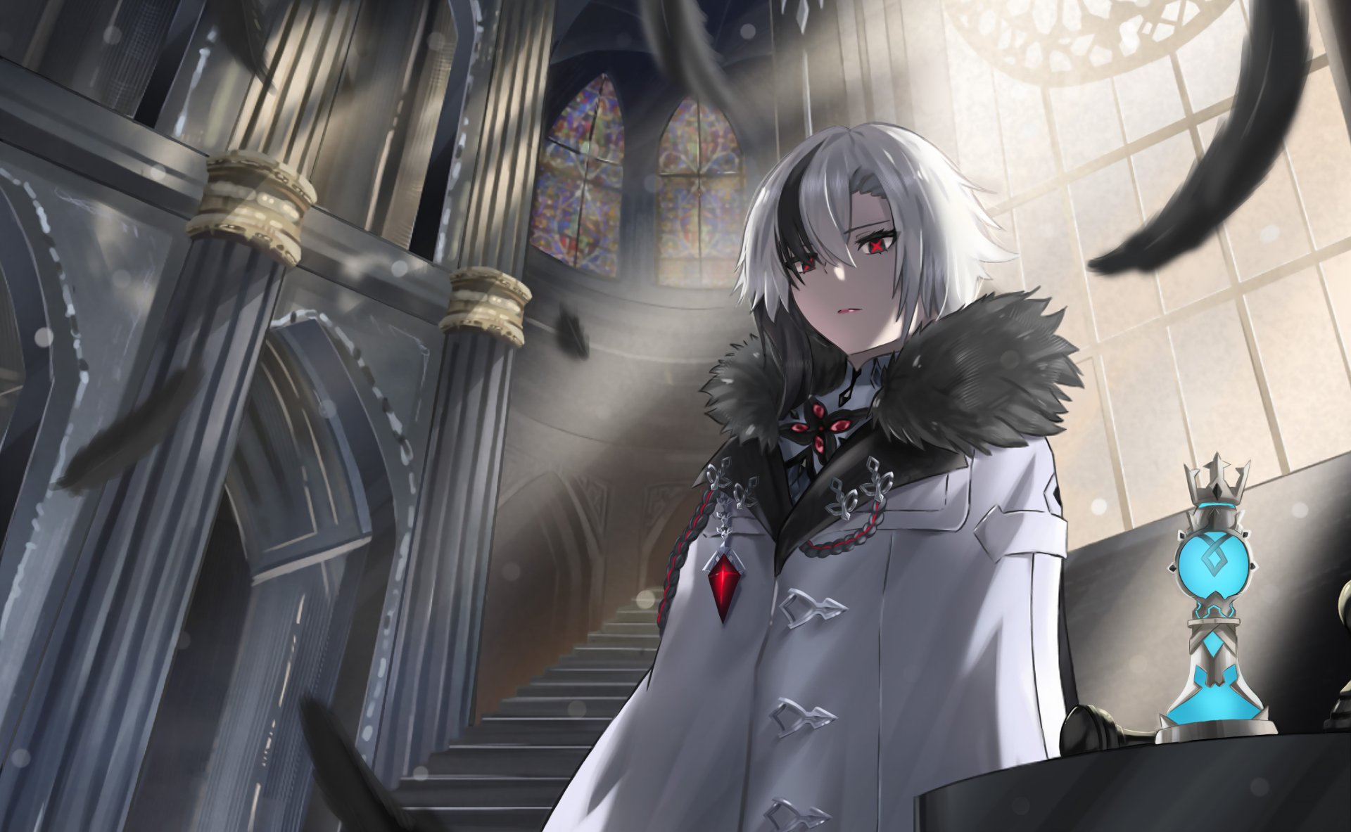 Arlecchino from Genshin Impact stands in a grand gothic cathedral with stained glass windows, illuminated by soft sunlight in this HD PC desktop wallpaper.