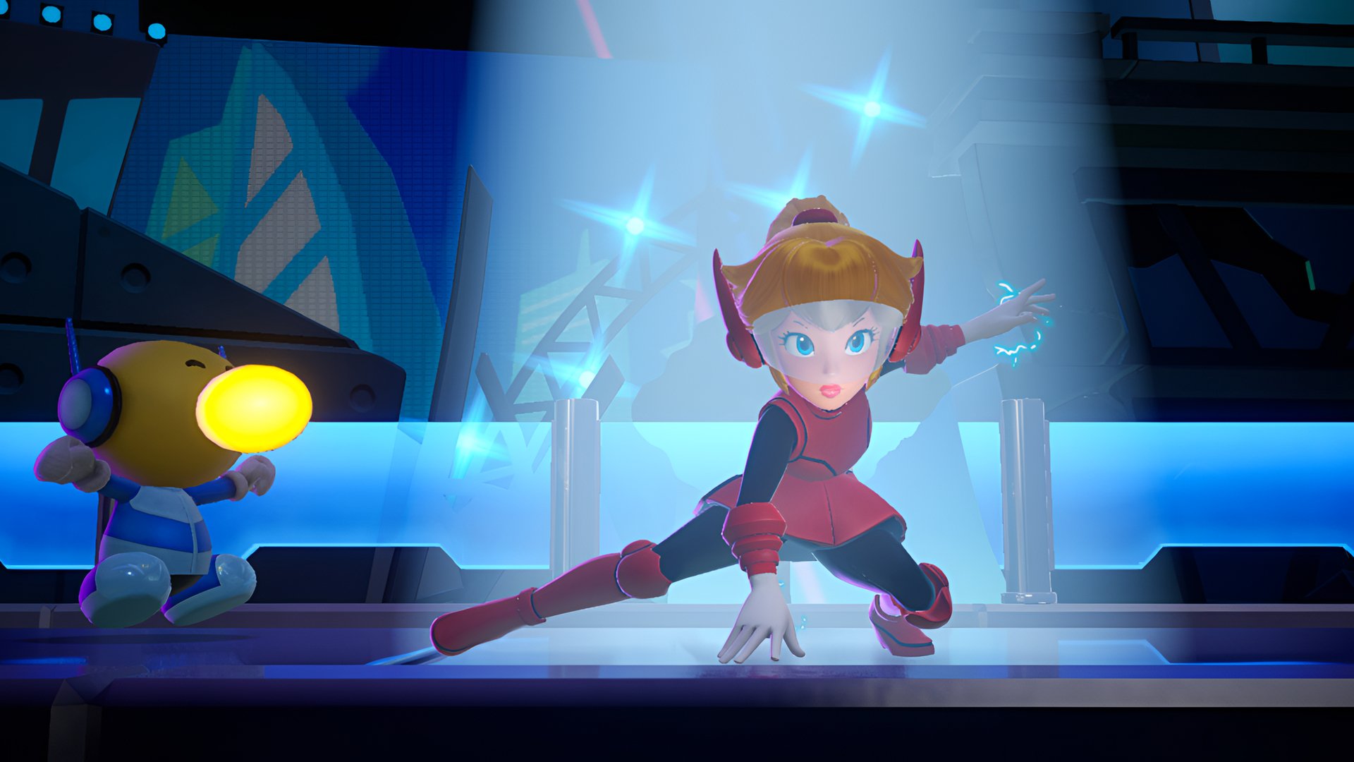 A vibrant HD wallpaper featuring Princess Peach from Princess Peach: Showtime! striking a dynamic pose, surrounded by colorful lights and a whimsical backdrop.