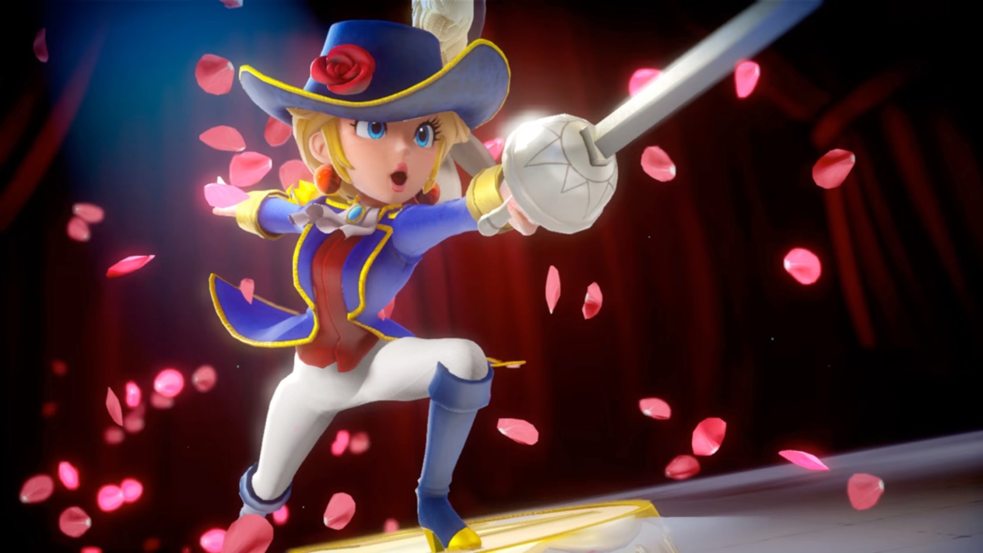 High-definition desktop wallpaper featuring Princess Peach in Princess Peach: Showtime! video game, with a dynamic pose and swirling pink petals.