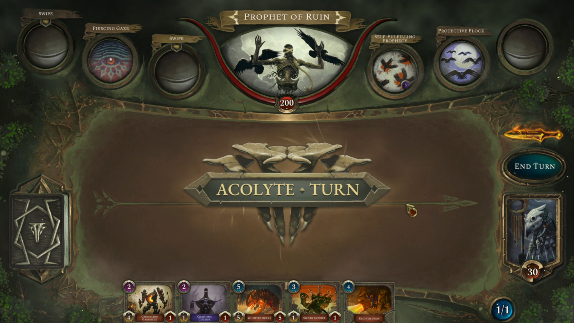HD wallpaper featuring Acolyte of the Altar's turn in a video game with mystical interface elements and cards.
