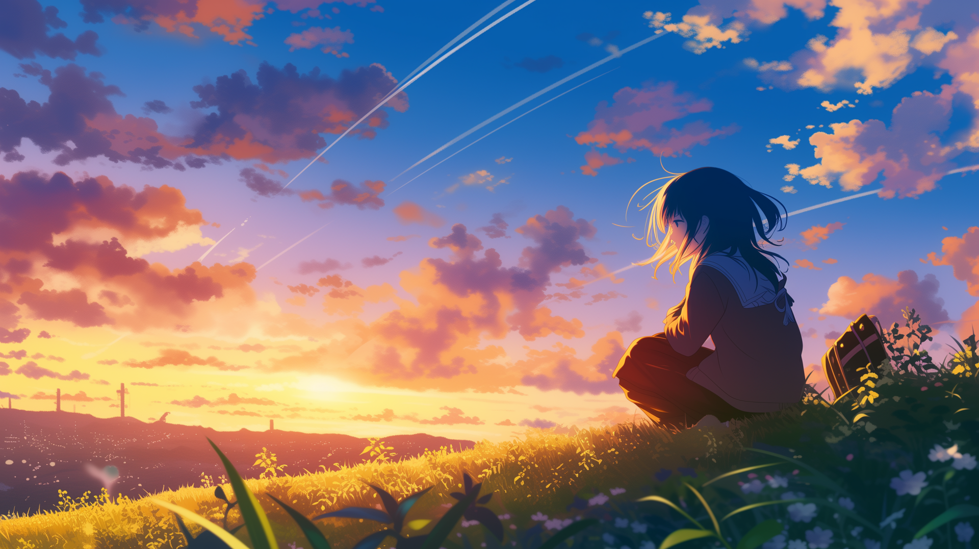 A serene dawn landscape features a silhouetted figure sitting on a hill, surrounded by flowers, as vibrant clouds and the rising sun create a stunning HD wallpaper background.