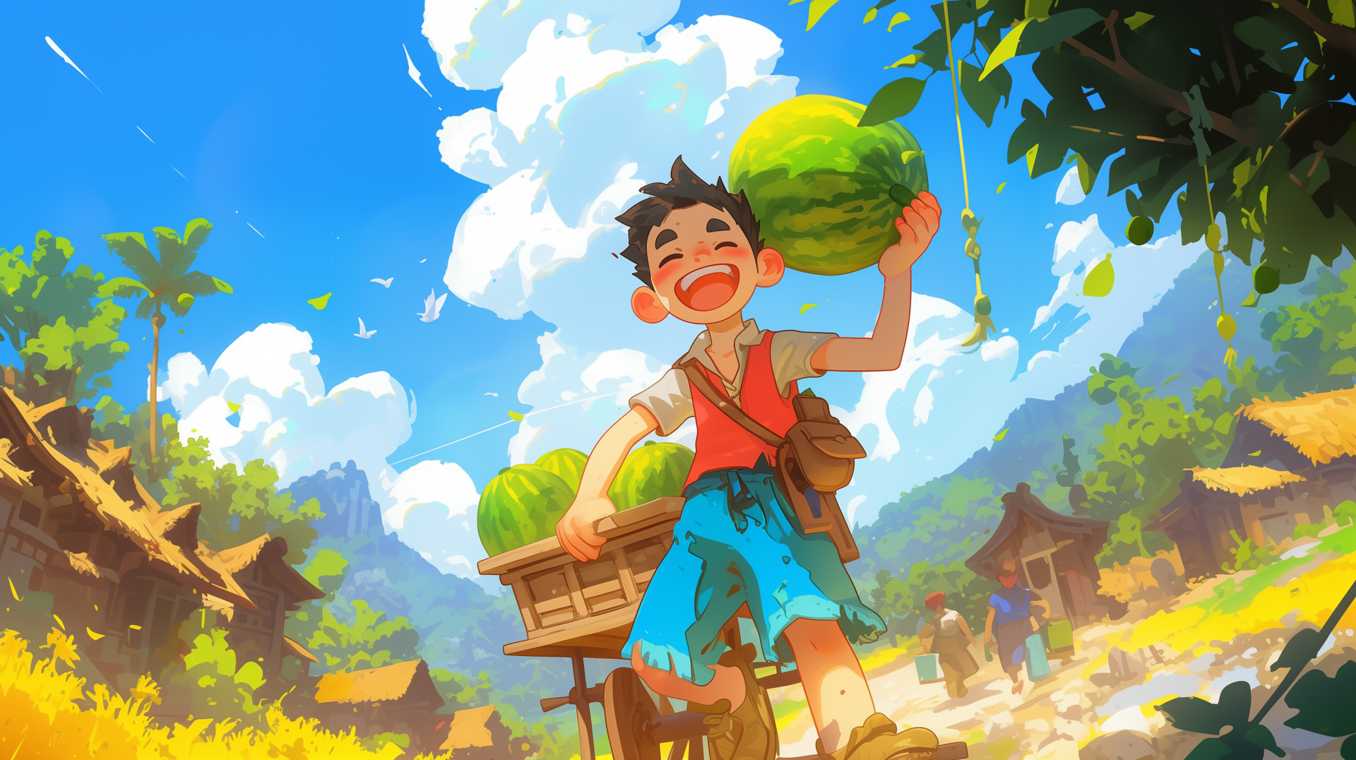 A cheerful boy carries a watermelon in a vibrant landscape, filled with lush greenery and rustic huts under a bright blue sky. This HD wallpaper captures the joy of summer harvests.
