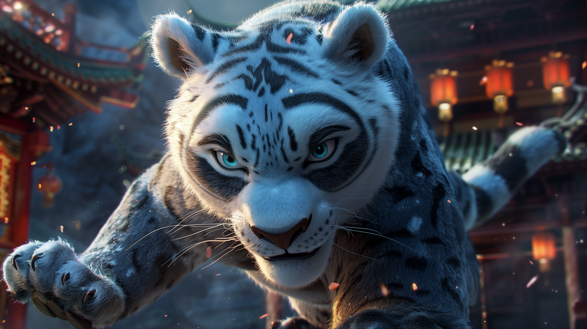 HD wallpaper of Tai Lung, the snow leopard character from Kung Fu Panda, poised for action.