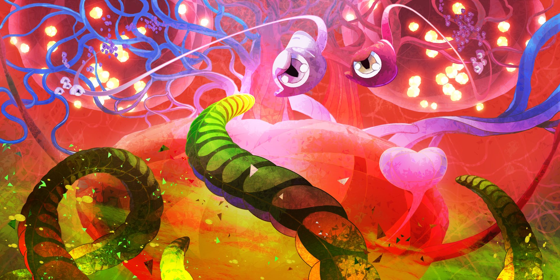 Colorful SaGa Emerald Beyond game artwork HD desktop wallpaper with abstract designs and vibrant hues.