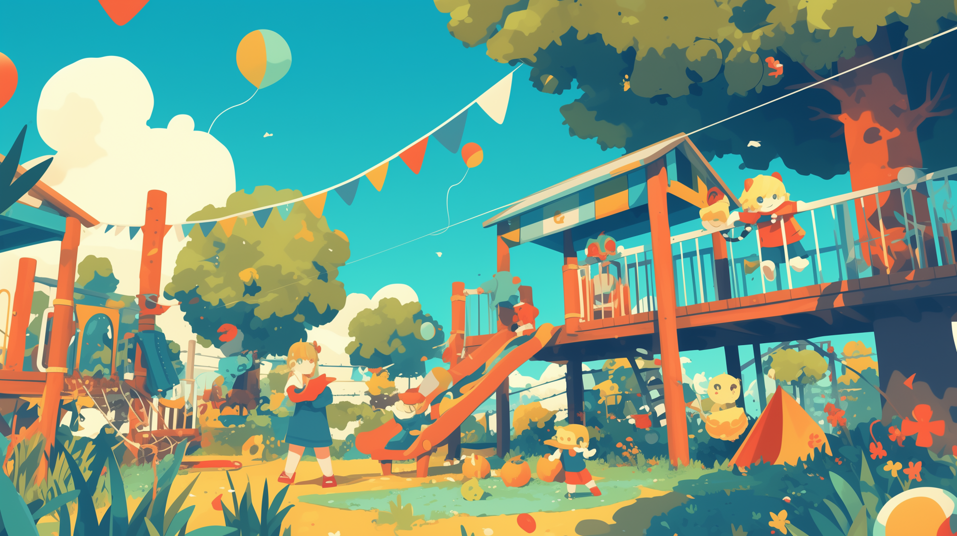 Colorful HD desktop wallpaper depicting a vibrant animated playground scene with children playing, swings, a slide, and balloons.