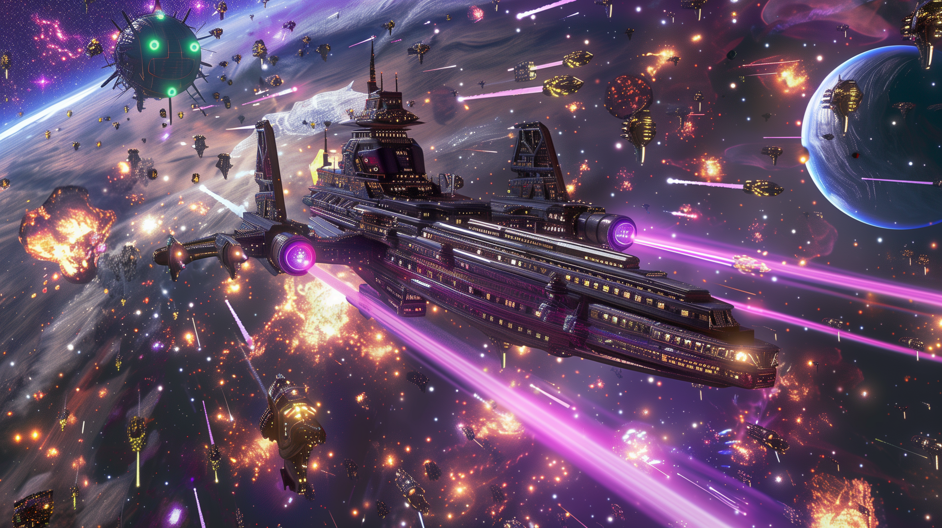 Dynamic HD wallpaper featuring an epic sci-fi spaceship battle with vibrant laser effects and explosions in space.