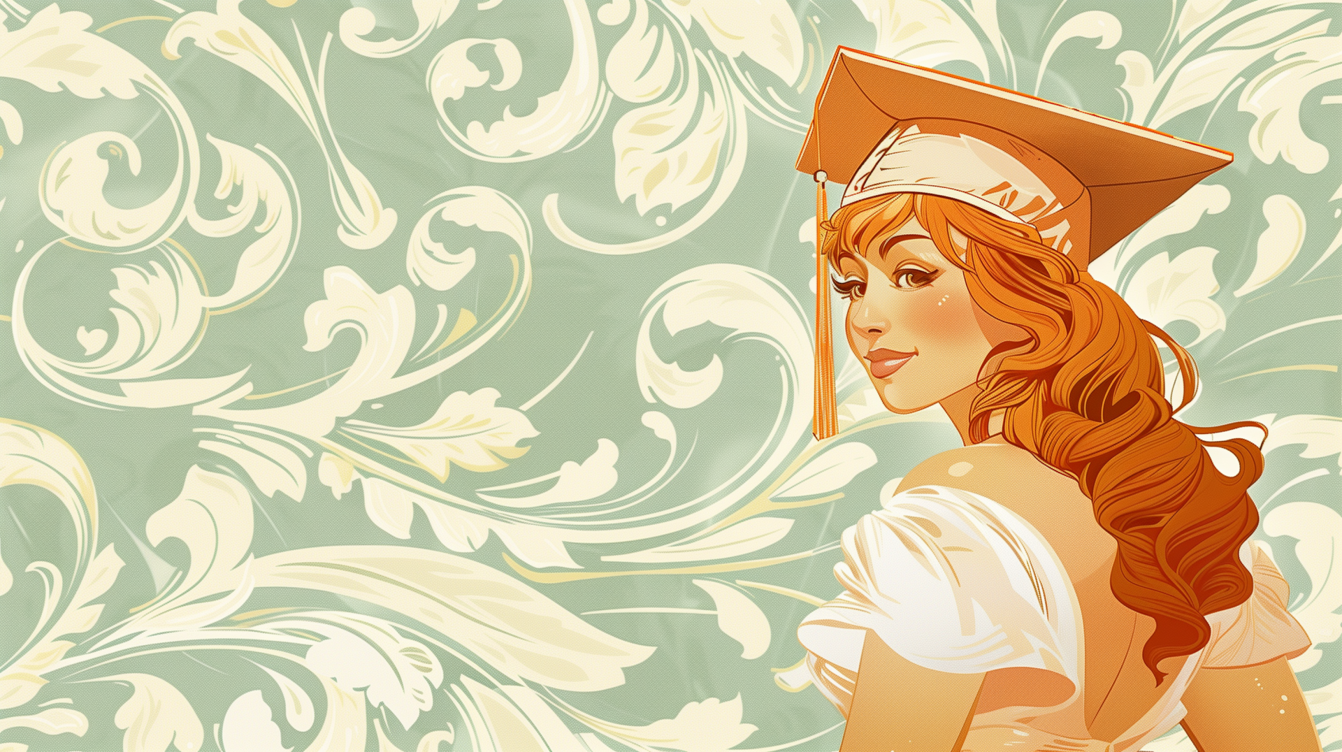 A beautifully illustrated HD wallpaper featuring a woman in a graduation cap, set against a soft, decorative floral background.