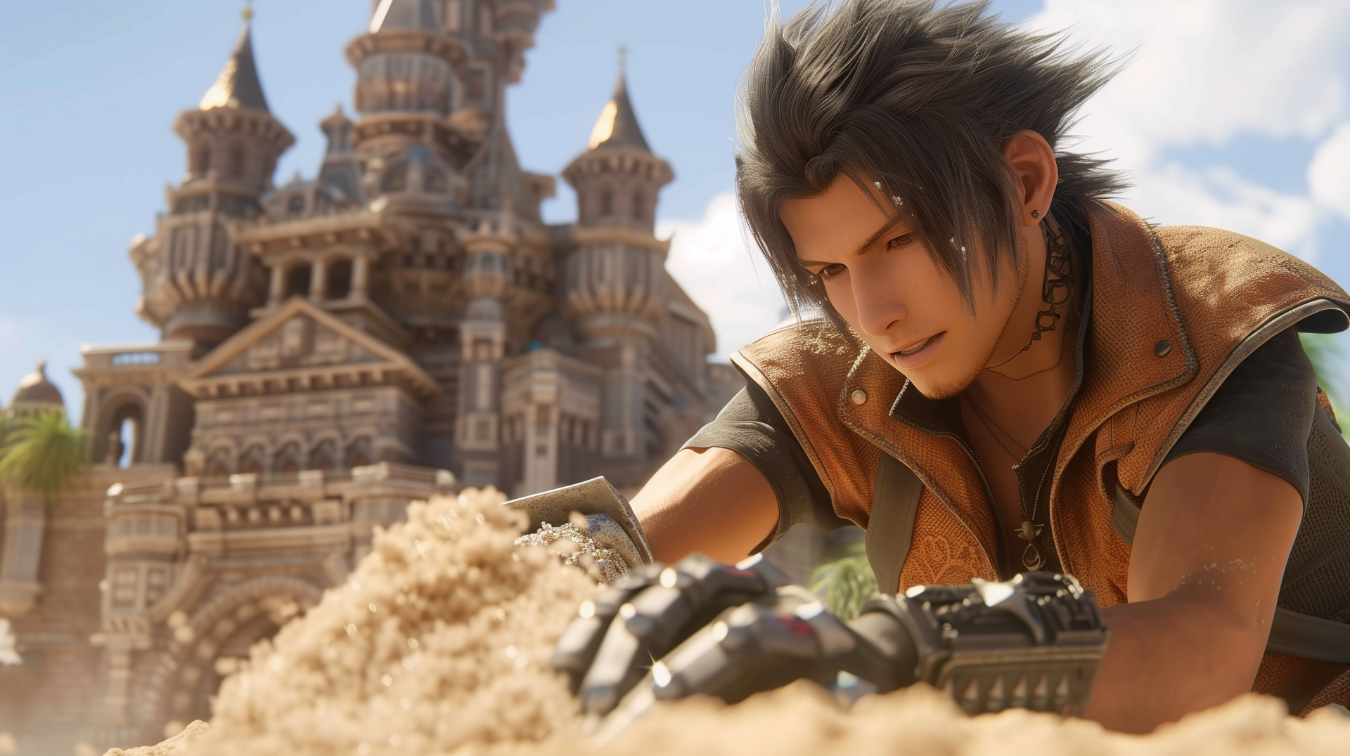 HD wallpaper: Clive Rosfield from Final Fantasy XVI in front of a castle under bright sunlight.