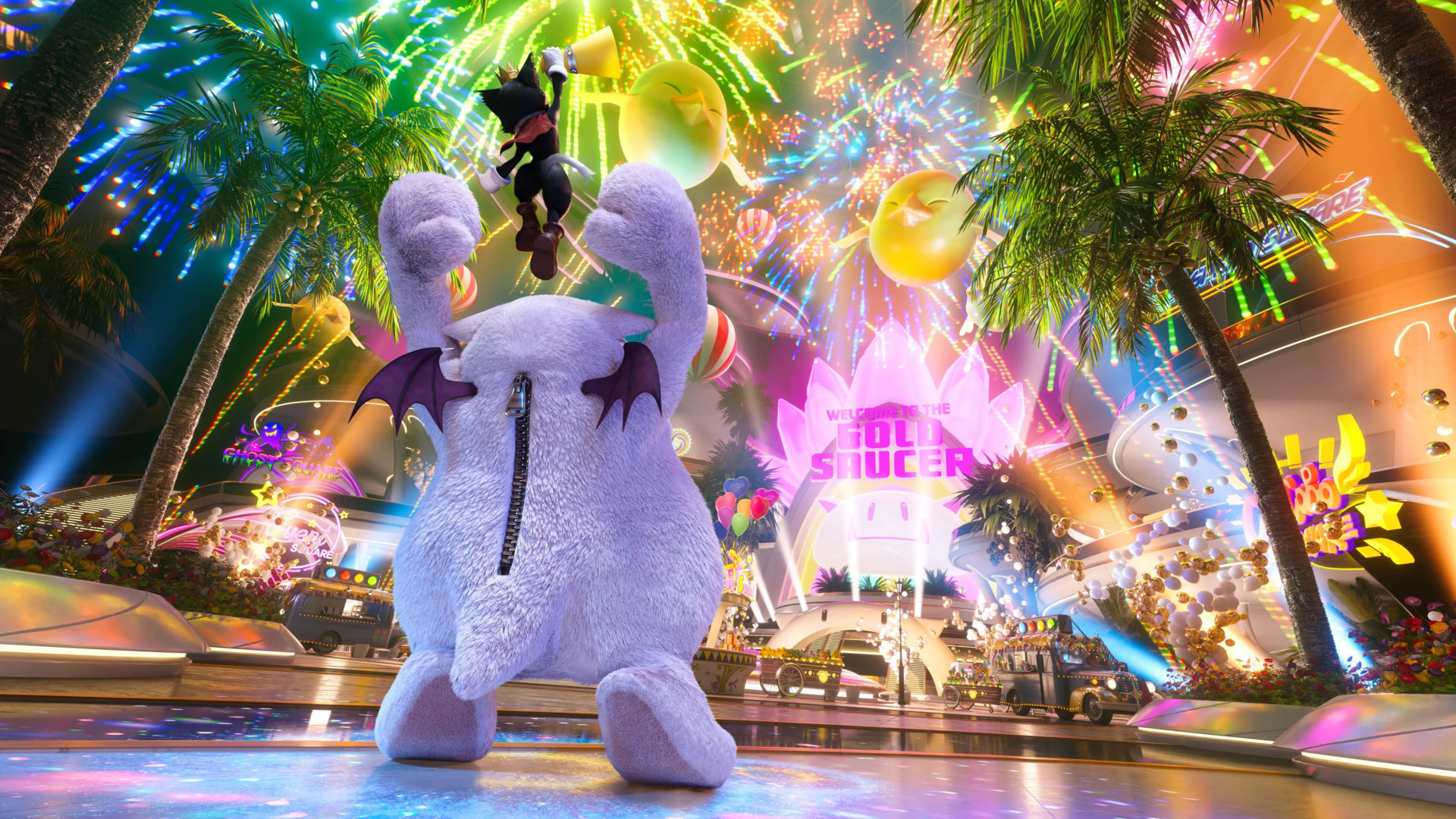 Final Fantasy VII Rebirth HD wallpaper featuring vibrant night-time celebration scene for desktop background.