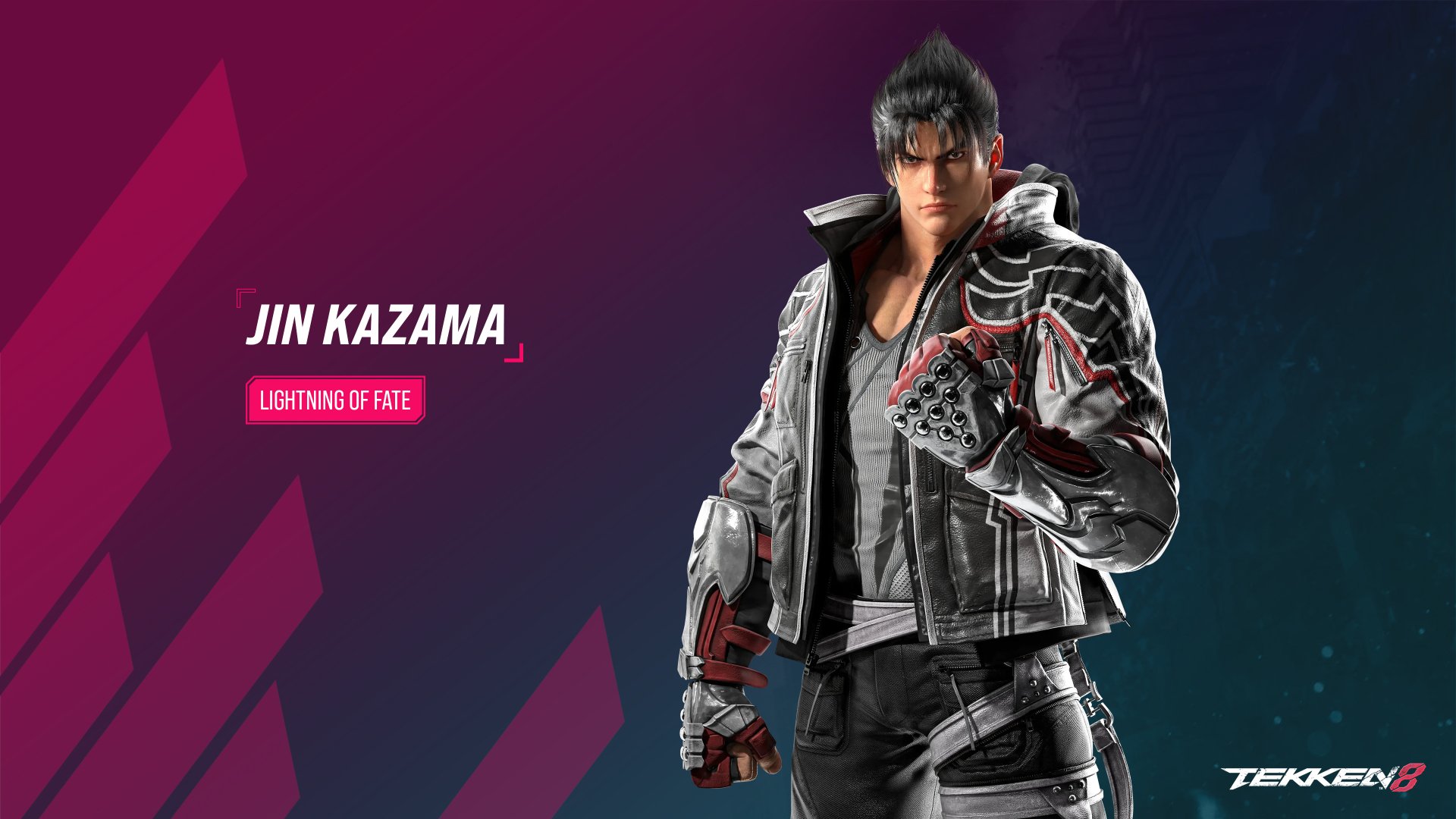 HD Tekken 8 wallpaper featuring a determined Jin Kazama ready for battle, set against a stylish purple and pink background.