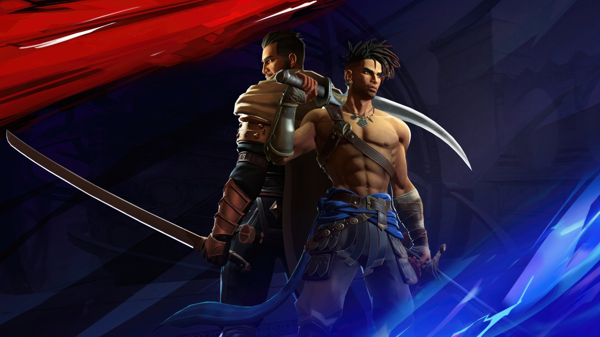 HD Wallpaper featuring characters from Prince of Persia: The Lost Crown video game against a dynamic red and blue background.