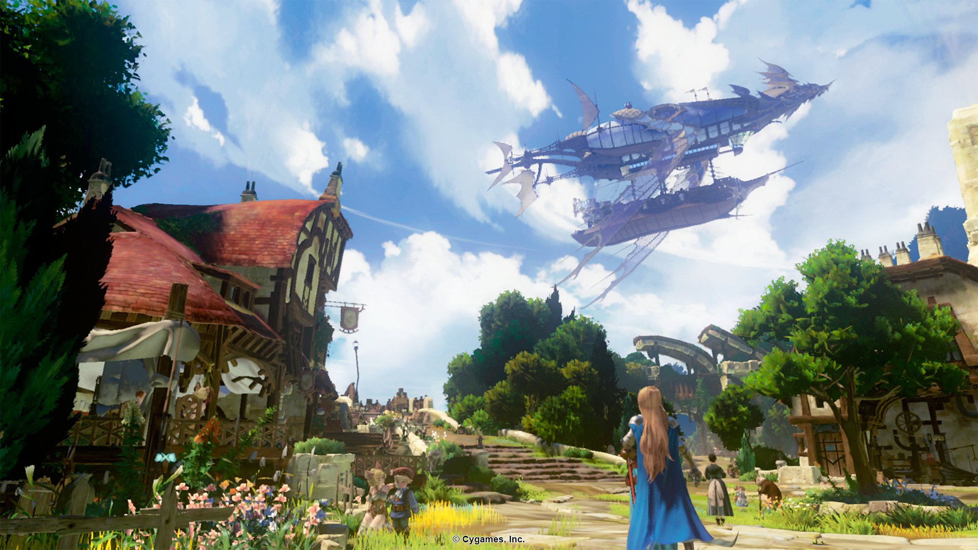 HD wallpaper of Granblue Fantasy: Relink featuring an idyllic village scene with an airship and character.