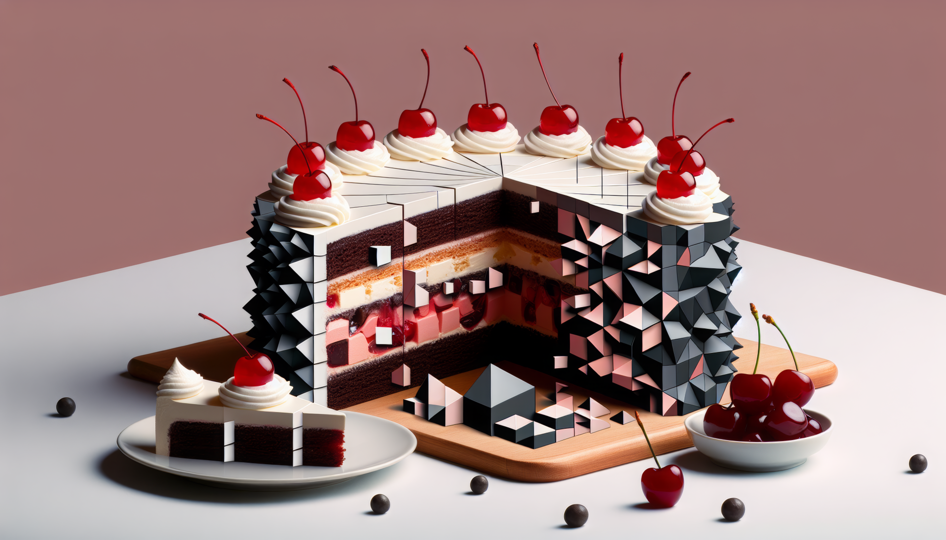 A visually striking black forest cake featuring layers of chocolate and cherries, presented with a modern geometric design, serves as a captivating HD desktop wallpaper and background.