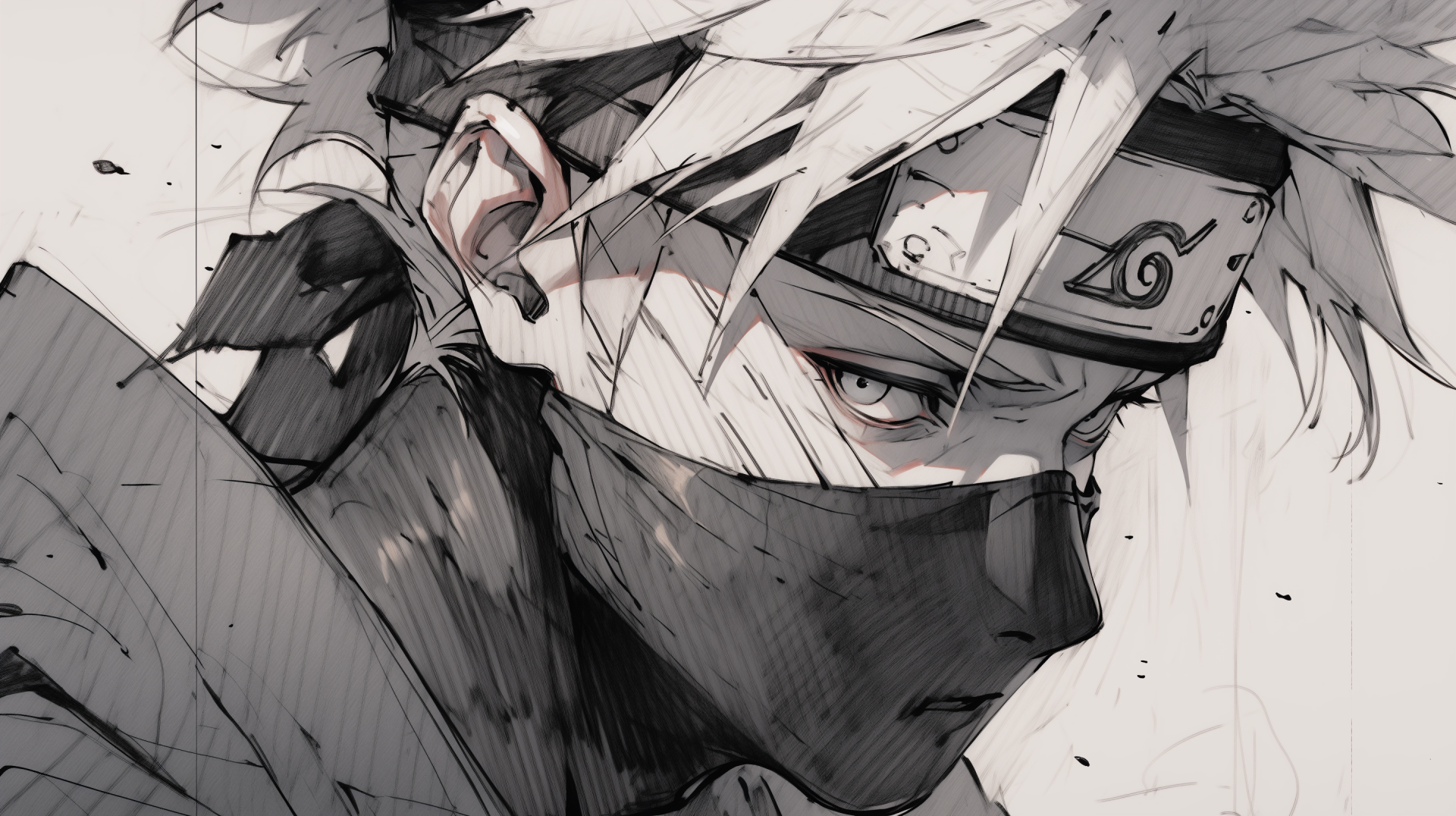 A high-definition wallpaper featuring Kakashi Hatake from the anime Naruto, depicted in a striking black-and-white manga style, capturing his intense expression and iconic features.