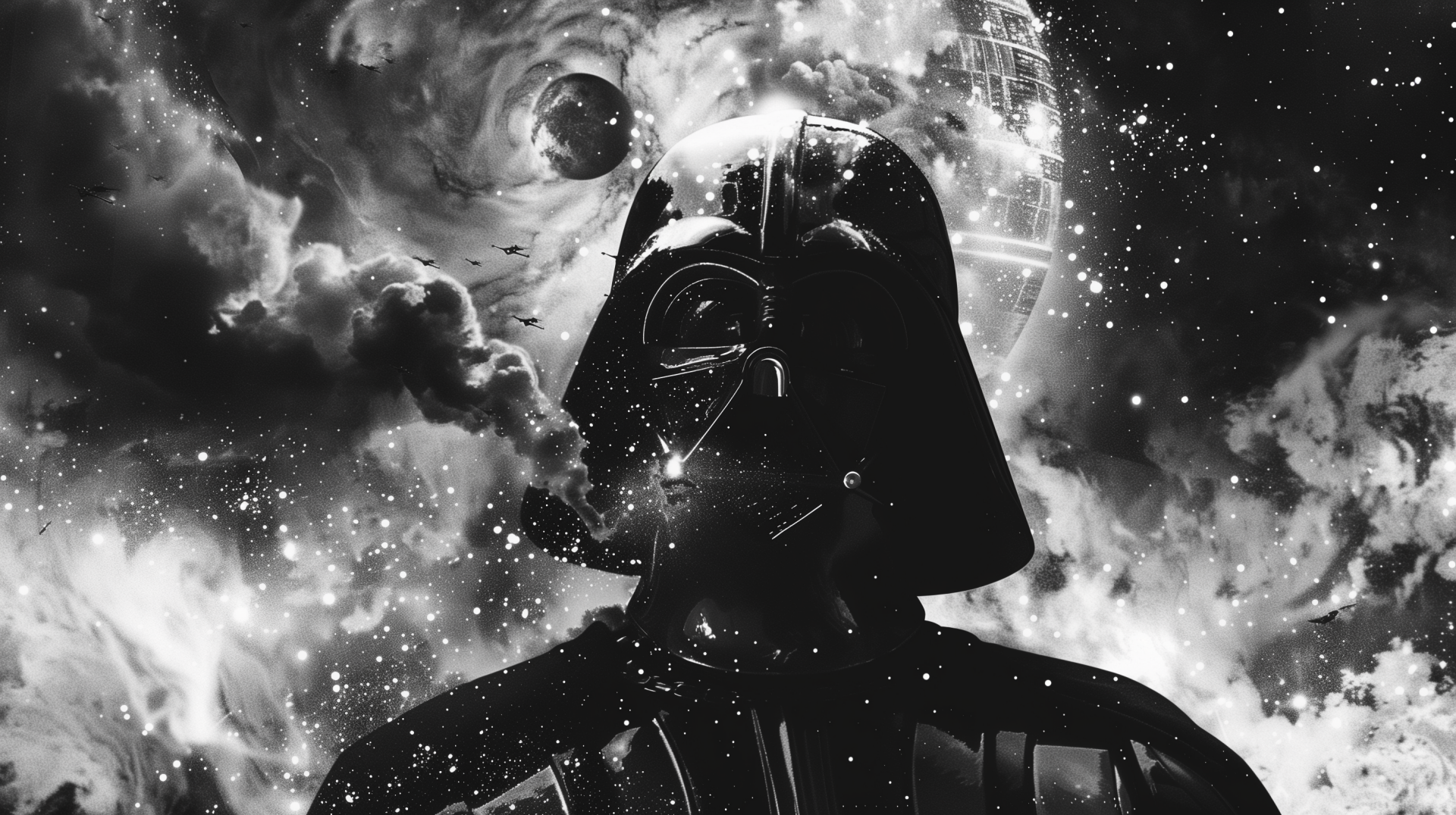 A striking HD desktop wallpaper featuring Darth Vader against a cosmic background, surrounded by swirling clouds and stars, embodying the epic essence of Star Wars.