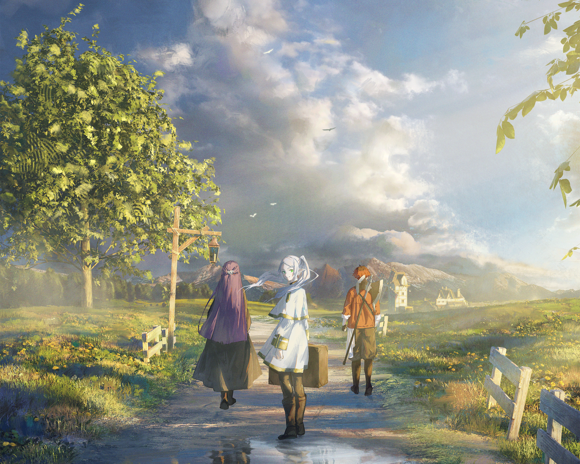 HD anime desktop wallpaper featuring Frieren, Fern, and Stark from Frieren: Beyond Journey's End walking along a sunlit countryside path under a cloudy sky.