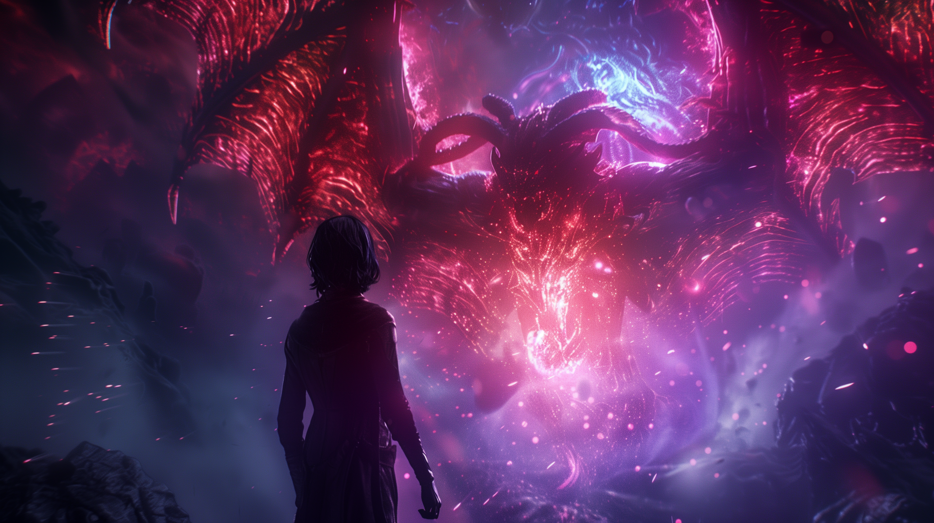 2K Quad HD PC desktop wallpaper — AI Art: silhouetted figure faces a colossal cosmic dragon emerging from a swirling pink‑purple universe nebula.