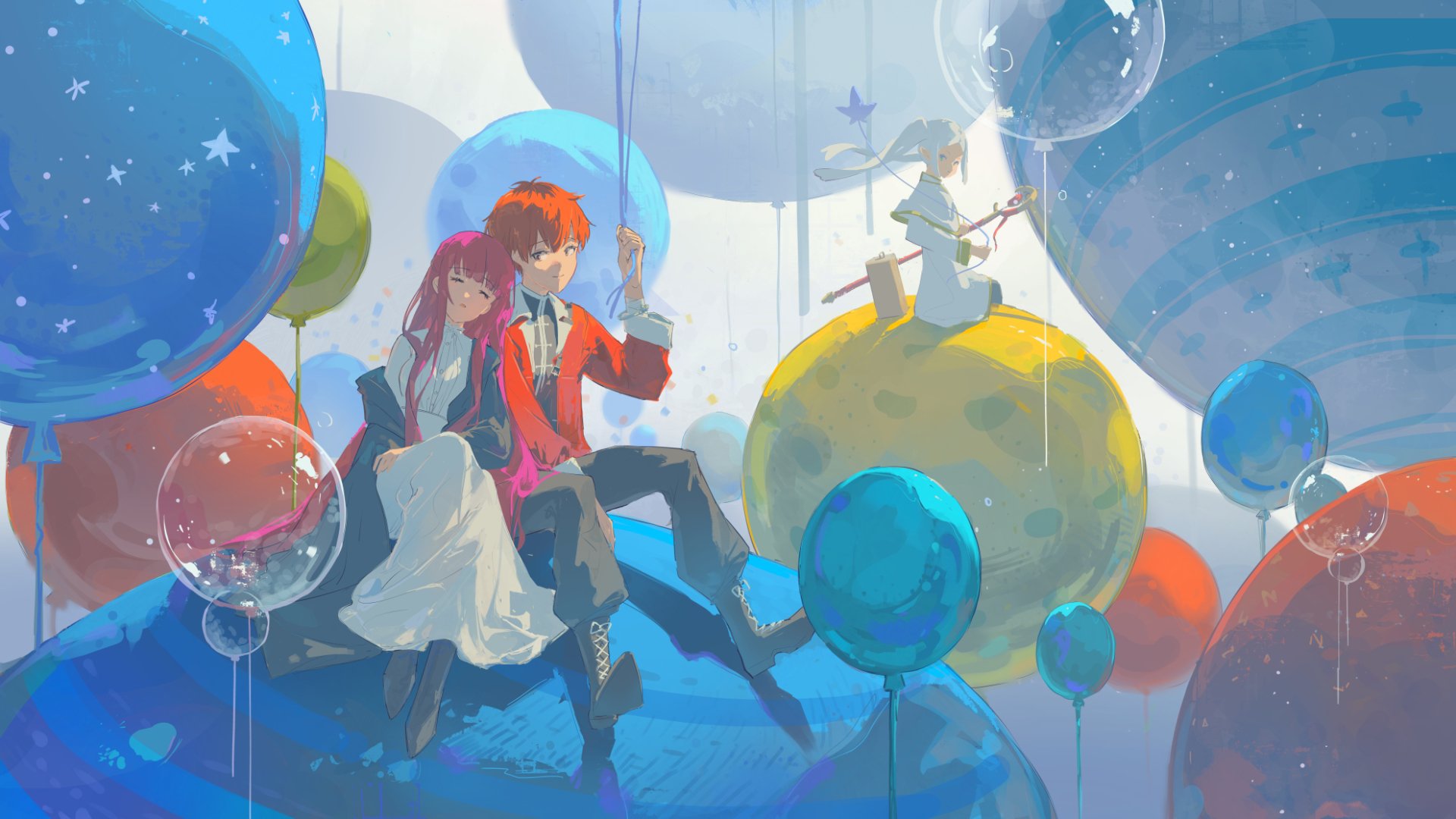 HD anime wallpaper featuring Fern, Stark, and Frieren from Frieren: Beyond Journey's End surrounded by colorful balloons and floating orbs in a dreamy setting.