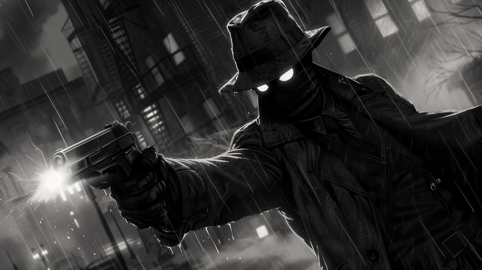 HD wallpaper of Spider-Man Noir in a comic-style artwork, featuring the iconic character in a trench coat and fedora, with a glowing-eyed mask, aiming a gun amidst a noir cityscape background.